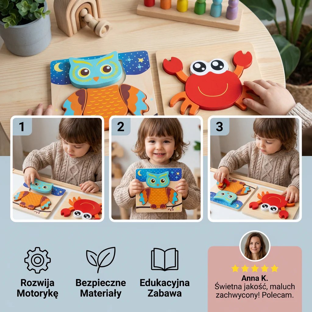 3D Drewniane Puzzle dla Dzieci – Edukacyjna Zabawka Zwierzątka dla Maluchów - Image 3