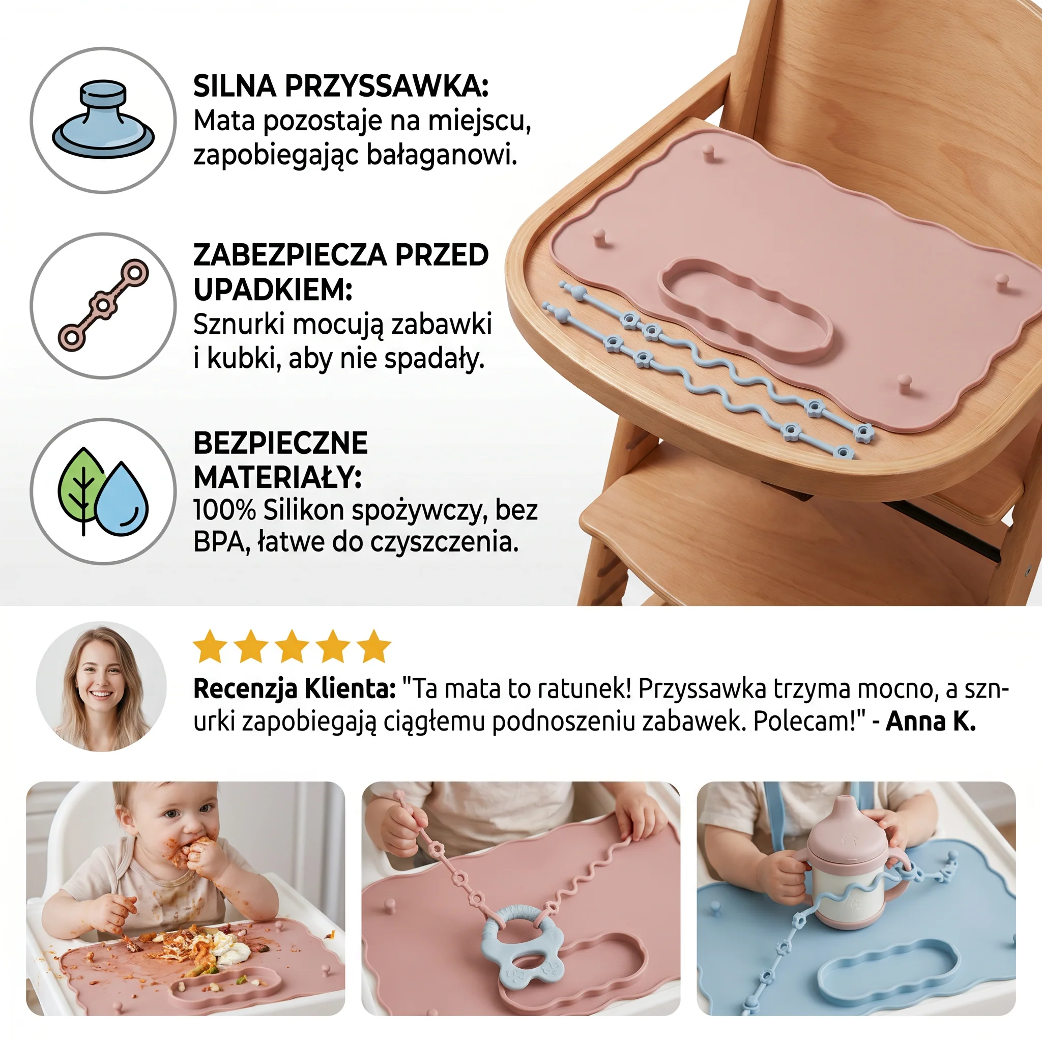 Antypoślizgowa silikonowa mata dla dzieci z przyssawką i sznurkiem zabezpieczającym przed upadkiem - Image 3
