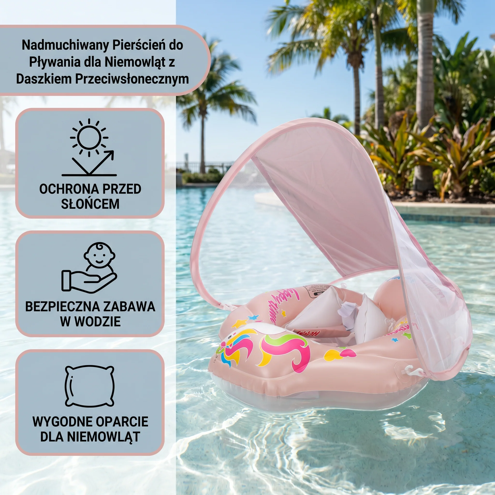 Baby Swim Ring z Osłoną Przeciwsłoneczną – Nadmuchiwany Pierścień do Pływania dla Bezpiecznej Zabawy w Wodzie - Image 2