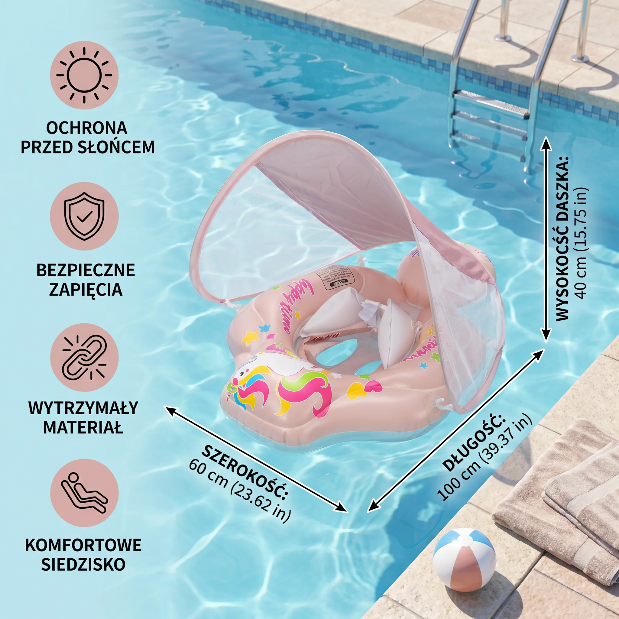 Baby Swim Ring z Osłoną Przeciwsłoneczną – Nadmuchiwany Pierścień do Pływania dla Bezpiecznej Zabawy w Wodzie - Image 5