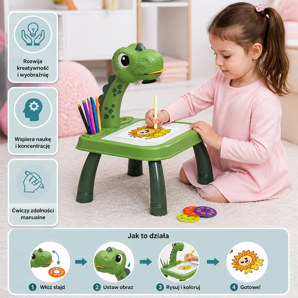 Dinosaurzowy Stół Projekcyjny do Rysowania dla Dzieci z Pisakami i Muzyką - Image 3