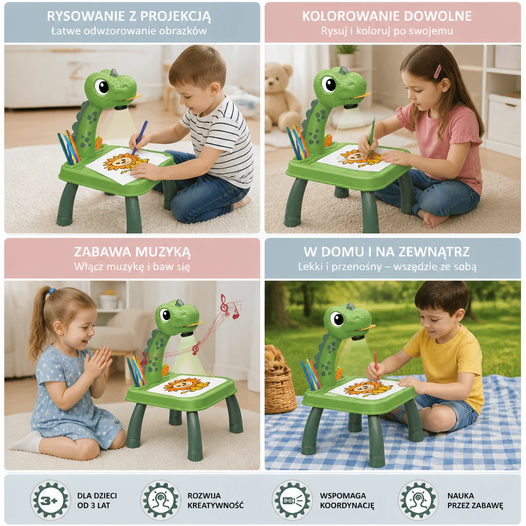 Dinosaurzowy Stół Projekcyjny do Rysowania dla Dzieci z Pisakami i Muzyką - Image 4