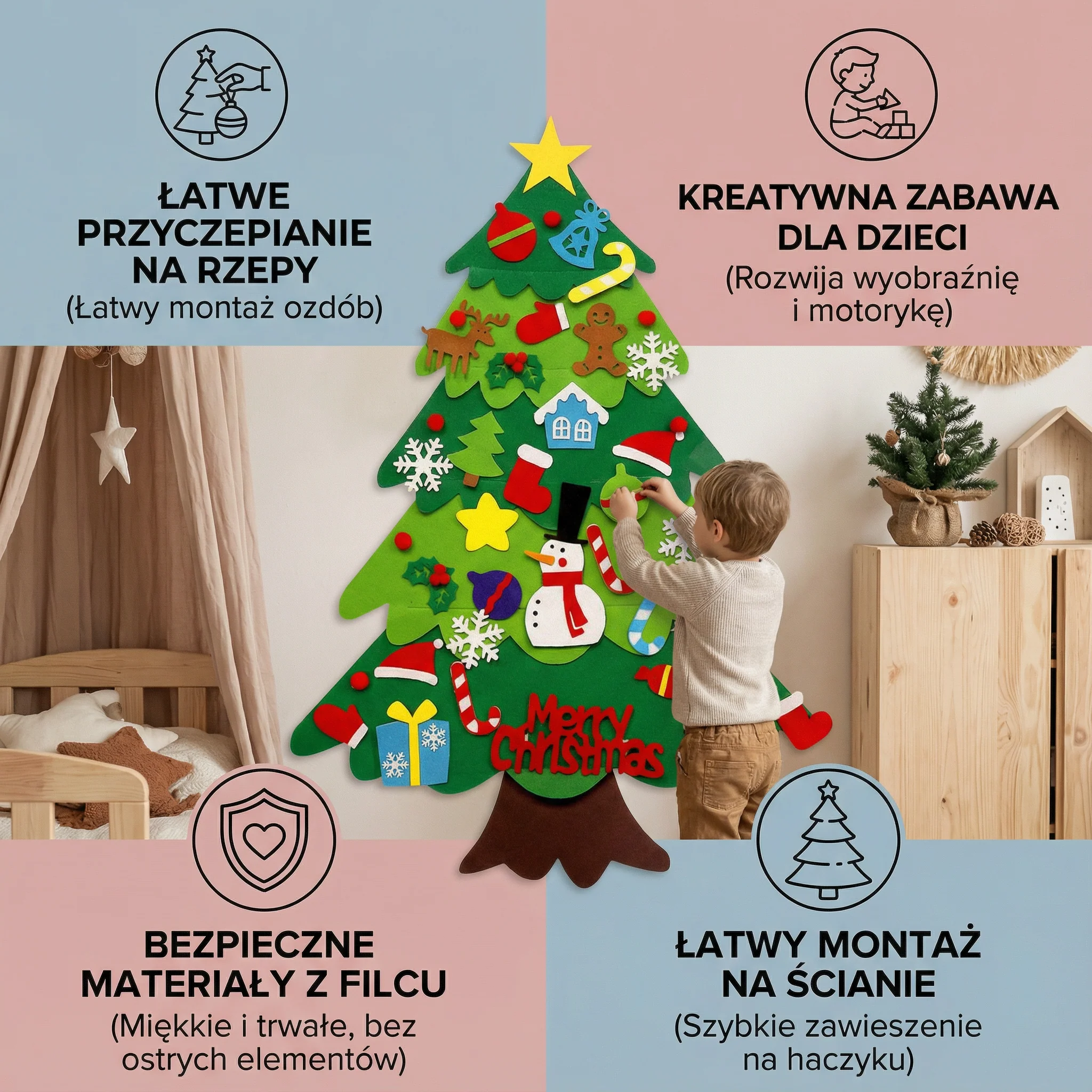 DIY Filcowa Choinka dla Dzieci | Bezpieczna Dekoracja Ścienna z Odpinanymi Ozdobami do Świątecznej Zabawy - Image 2