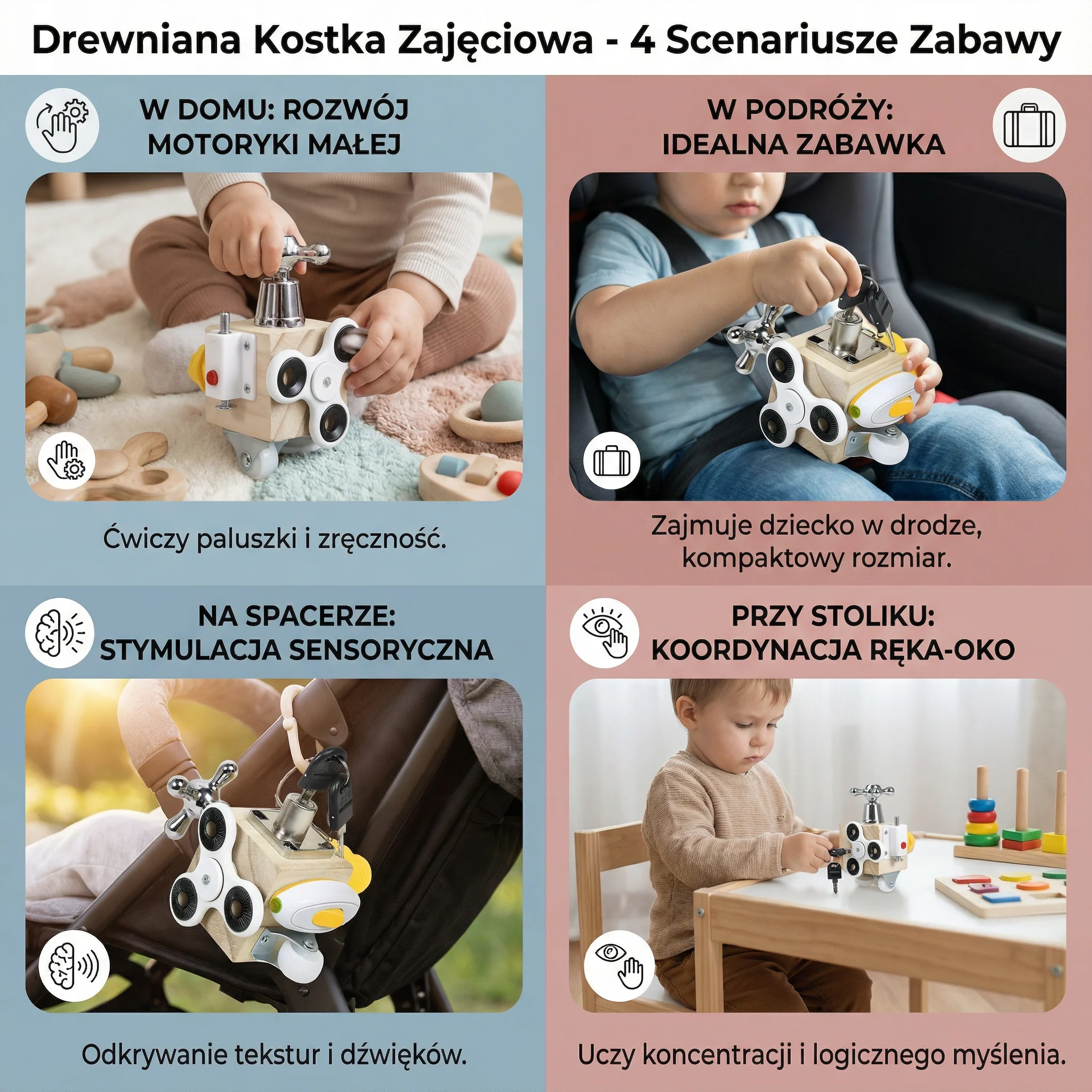 Drewniana kostka zajęciowa dla maluchów | Zabawka edukacyjna dla umiejętności motorycznych i wczesnego uczenia się sensorycznego - Image 4