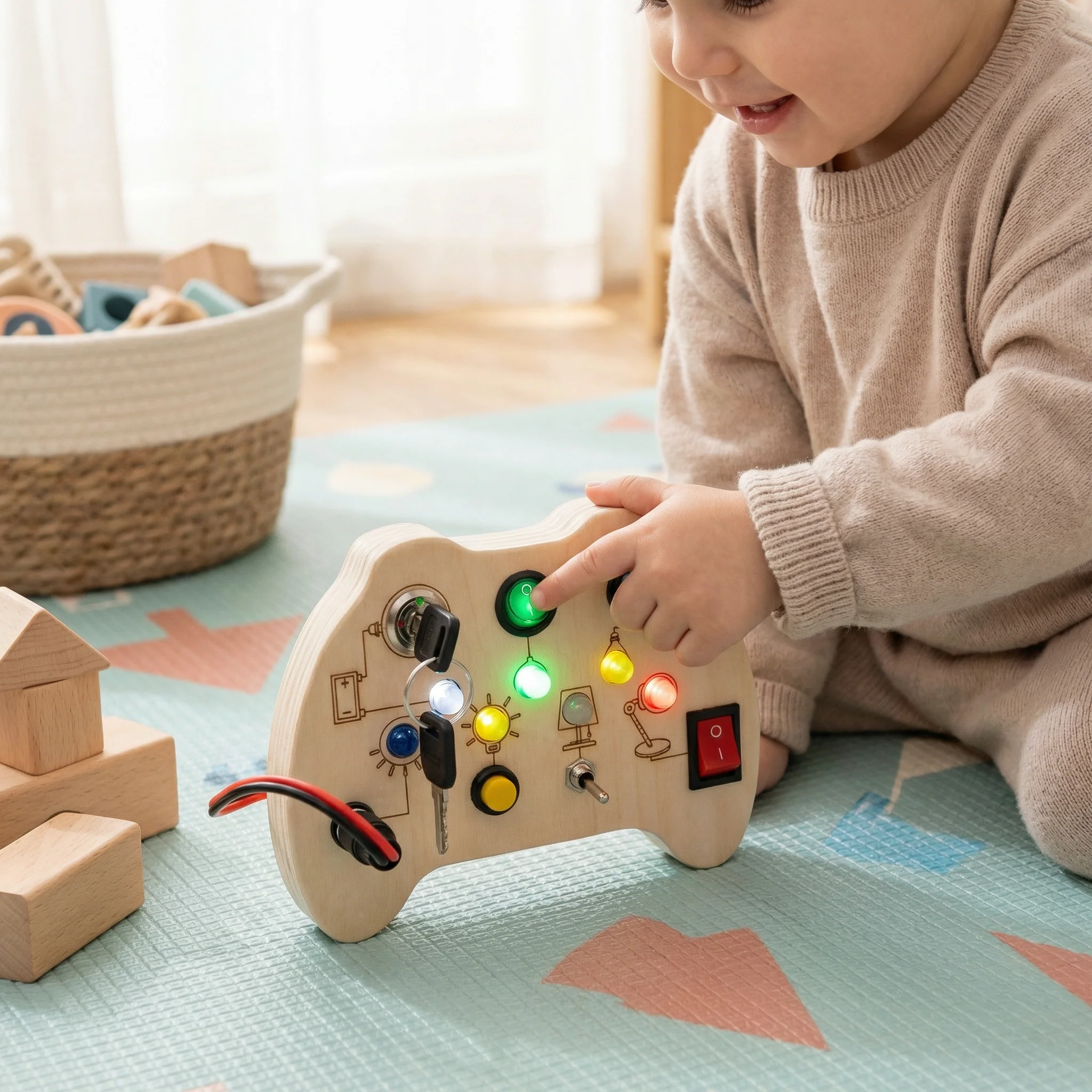 Drewniana Tablica Sensoryczna LED z Przełącznikami – Montessori Zabawka Edukacyjna Wspierająca Rozwój Motoryki - Image 2