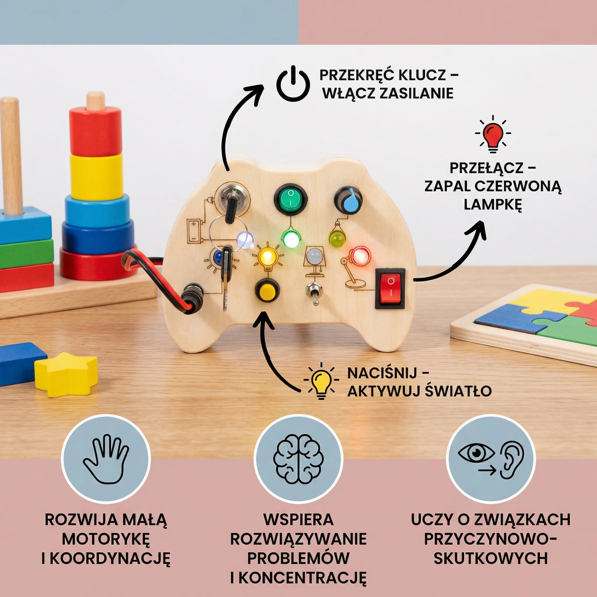 Drewniana Tablica Sensoryczna LED z Przełącznikami – Montessori Zabawka Edukacyjna Wspierająca Rozwój Motoryki - Image 3