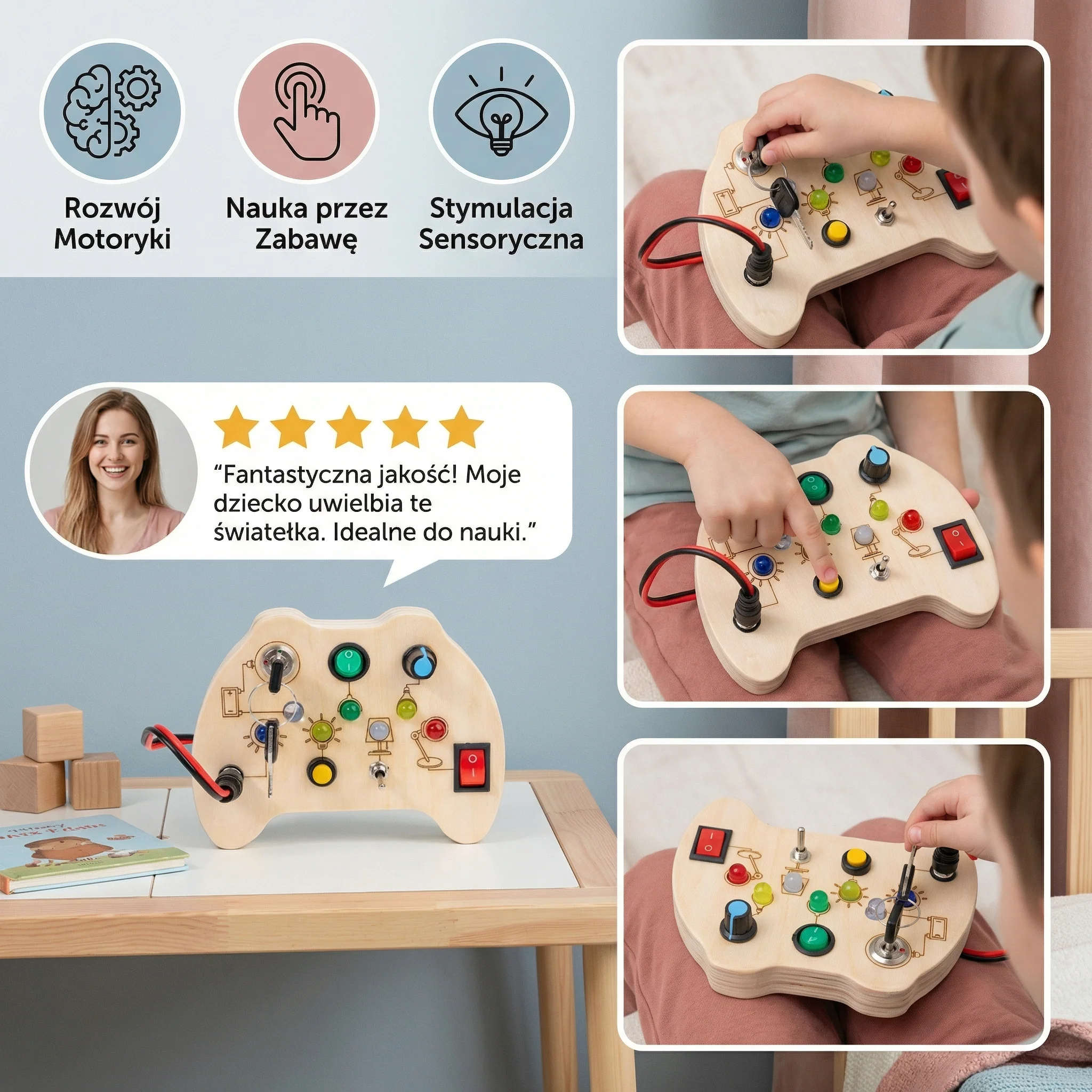 Drewniana Tablica Sensoryczna LED z Przełącznikami – Montessori Zabawka Edukacyjna Wspierająca Rozwój Motoryki - Image 4