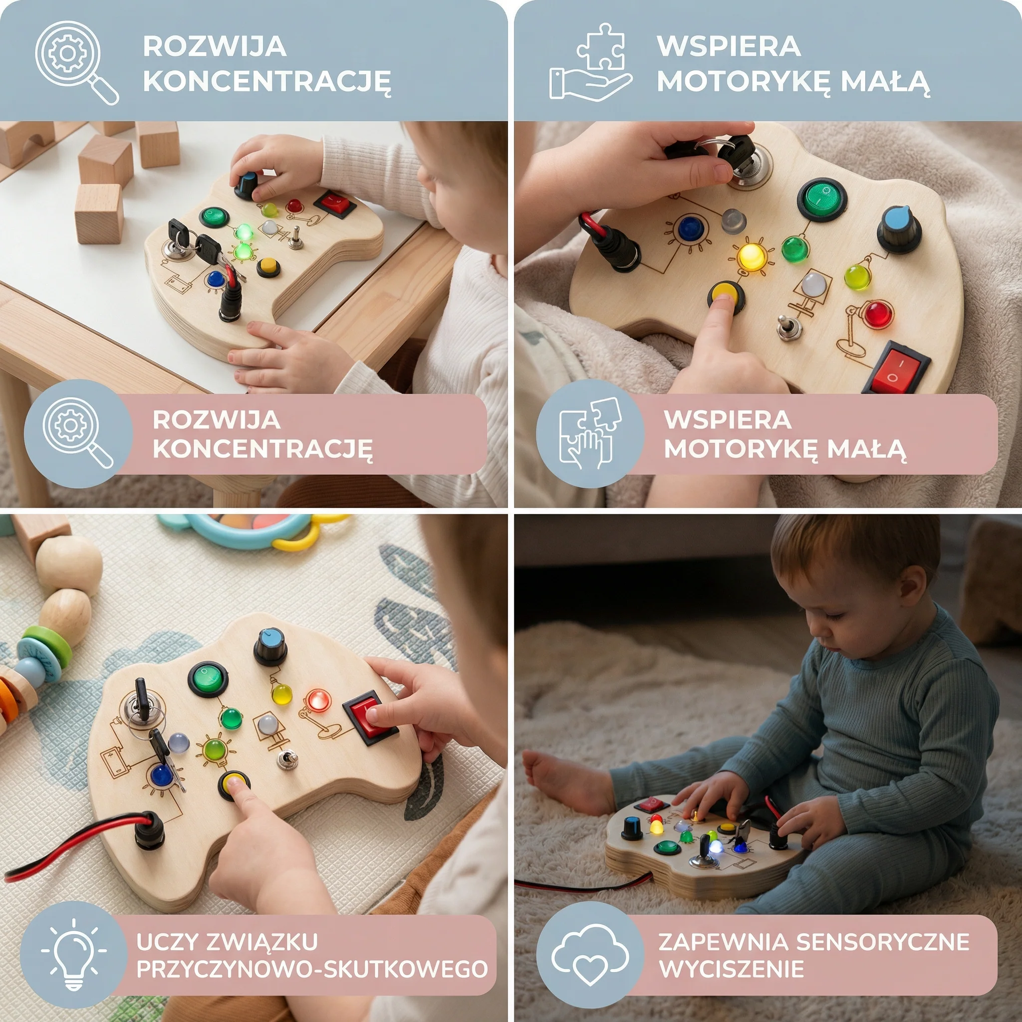 Drewniana Tablica Sensoryczna LED z Przełącznikami – Montessori Zabawka Edukacyjna Wspierająca Rozwój Motoryki - Image 5