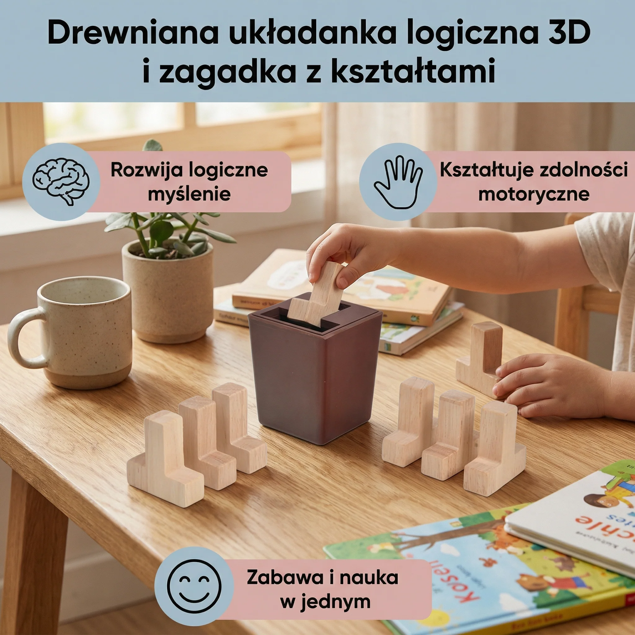 Drewniana układanka logiczna 3D i zagadka z kształtami - Image 2