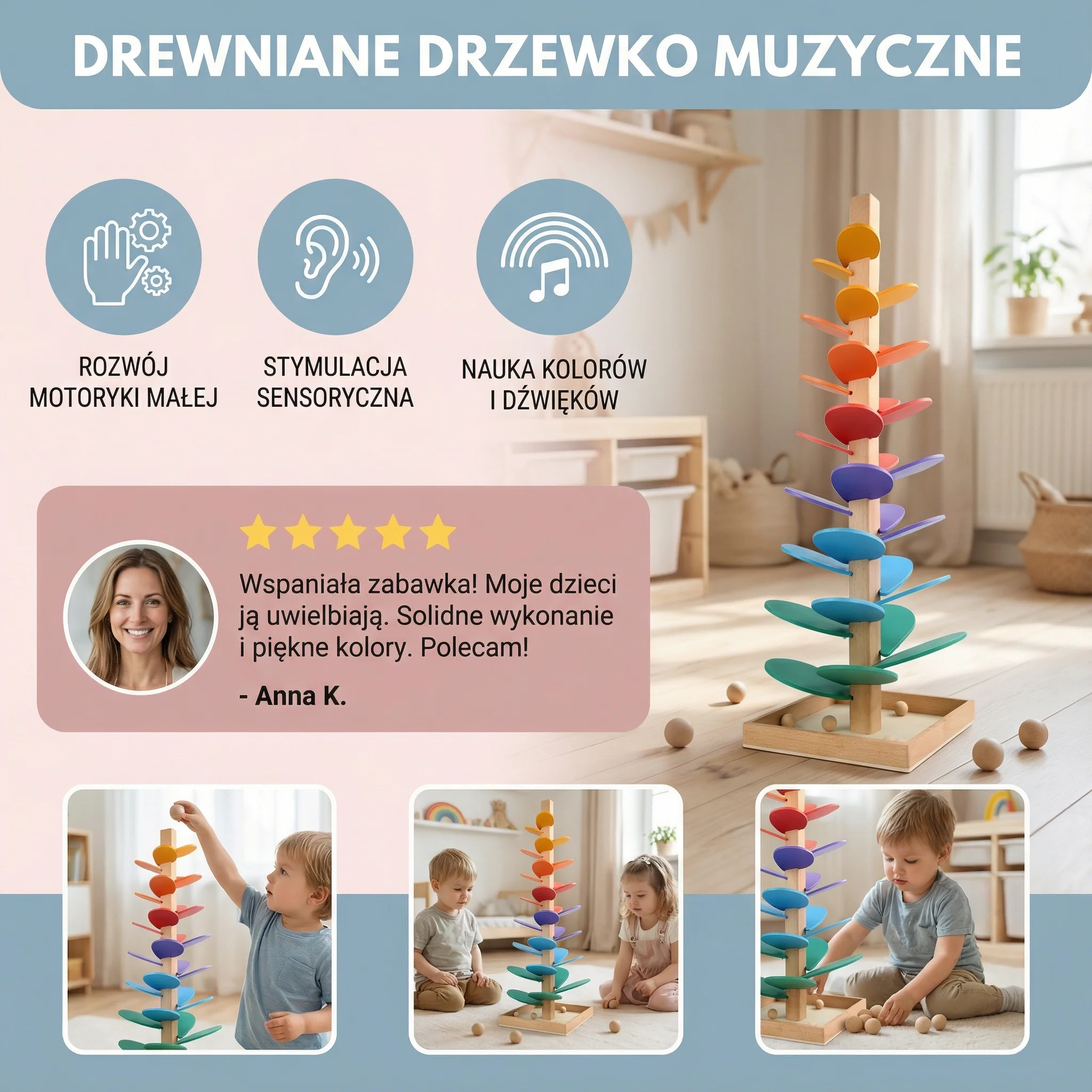 Drewniane drzewko z piłeczkami dla dzieci | Kolorowa zabawka muzyczna dla umiejętności motorycznych i wczesnej nauki - Image 3