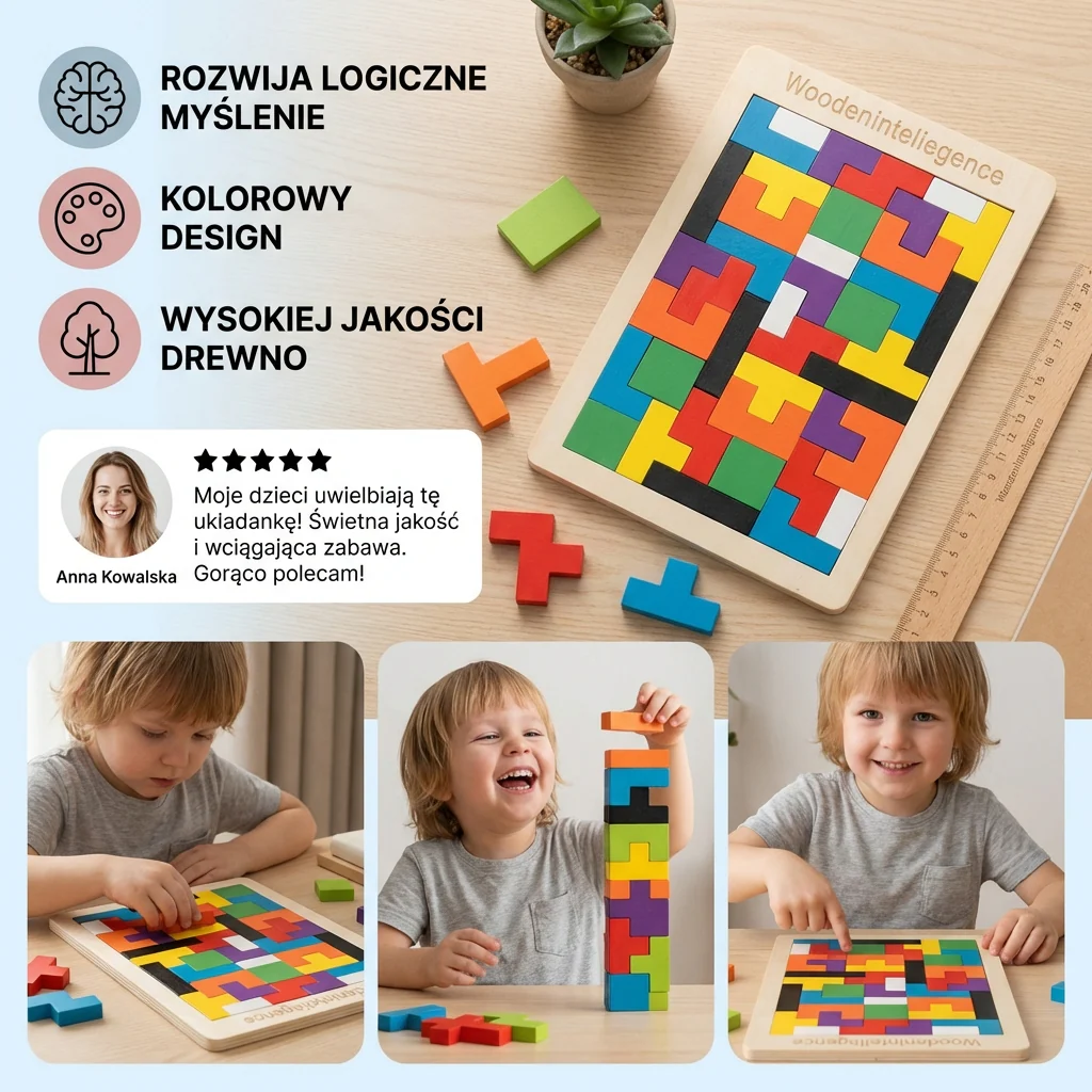 Drewniany Tangram edukacyjny – Kolorowa gra Montessori dla dzieci - Image 3