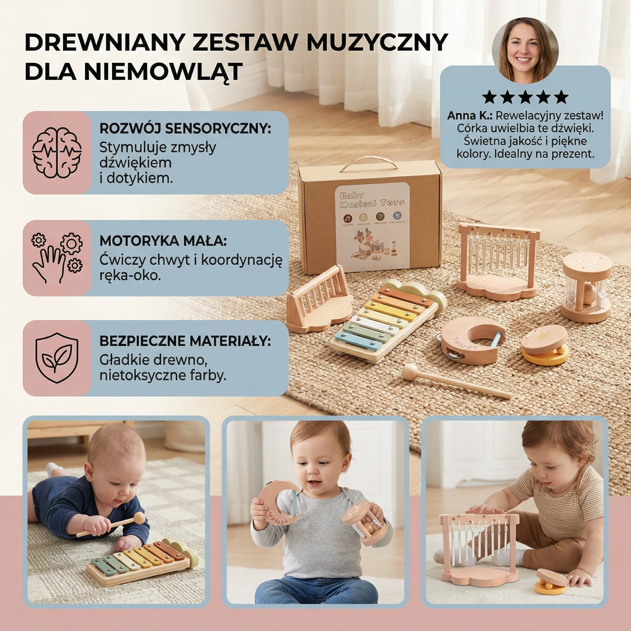 Drewniany zestaw instrumentów dla niemowląt – 6-elementowa sensoryczna zabawka muzyczna i dźwiękowa - Image 3