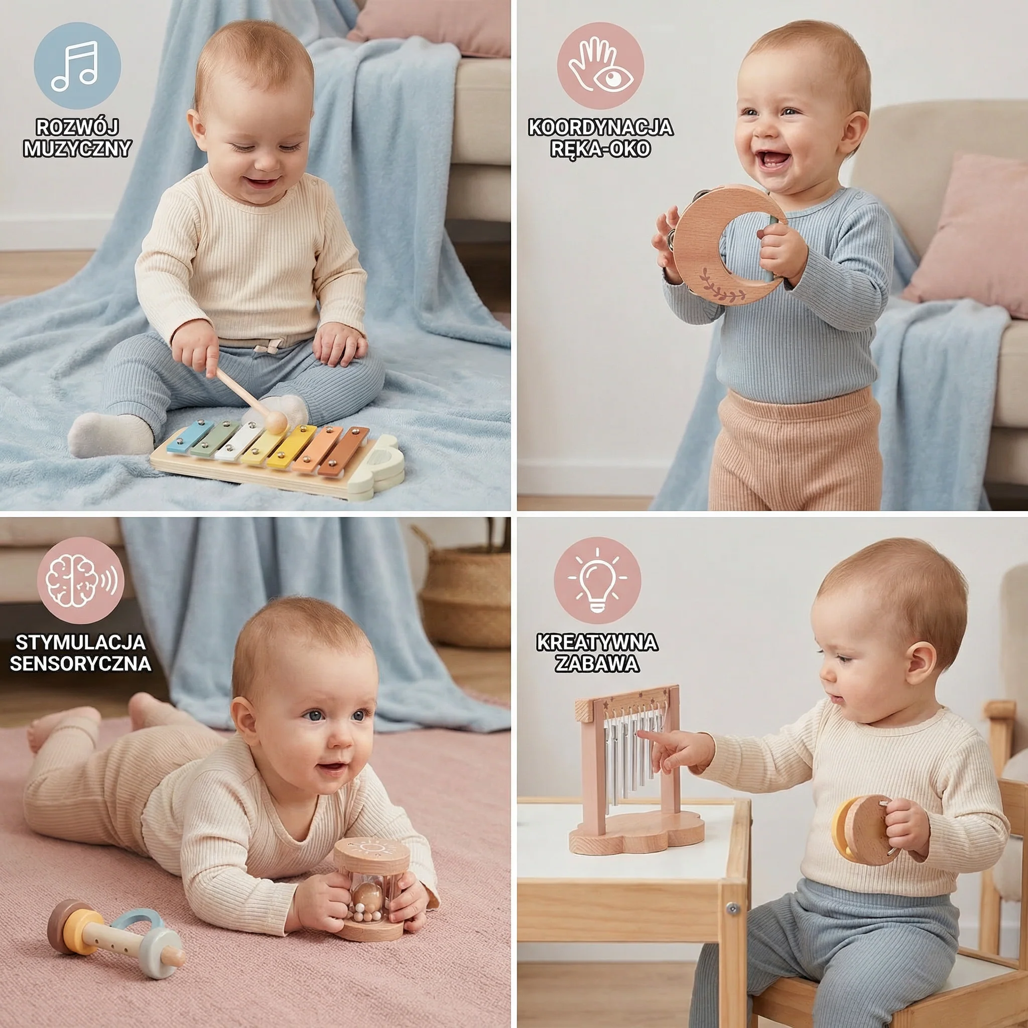 Drewniany zestaw instrumentów dla niemowląt – 6-elementowa sensoryczna zabawka muzyczna i dźwiękowa - Image 4