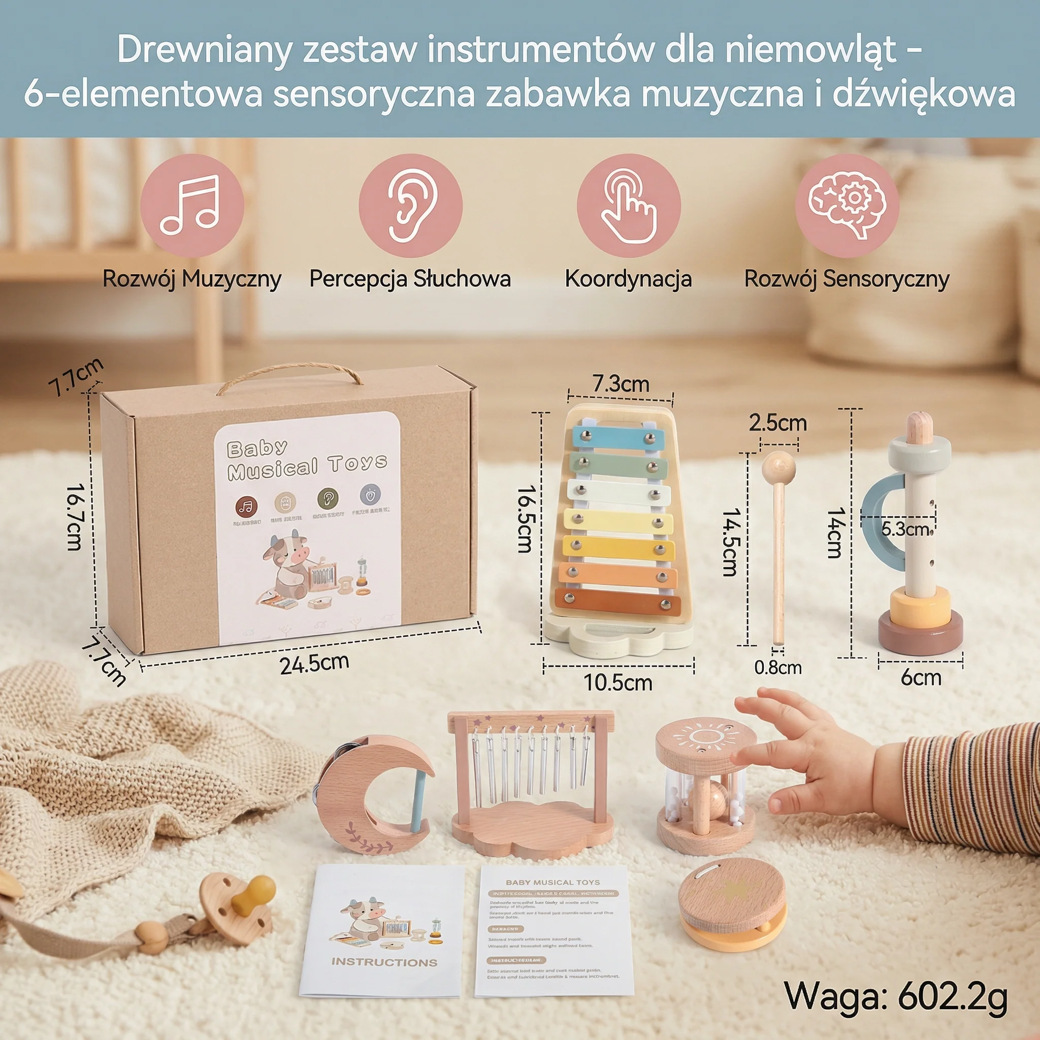 Drewniany zestaw instrumentów dla niemowląt – 6-elementowa sensoryczna zabawka muzyczna i dźwiękowa - Image 5