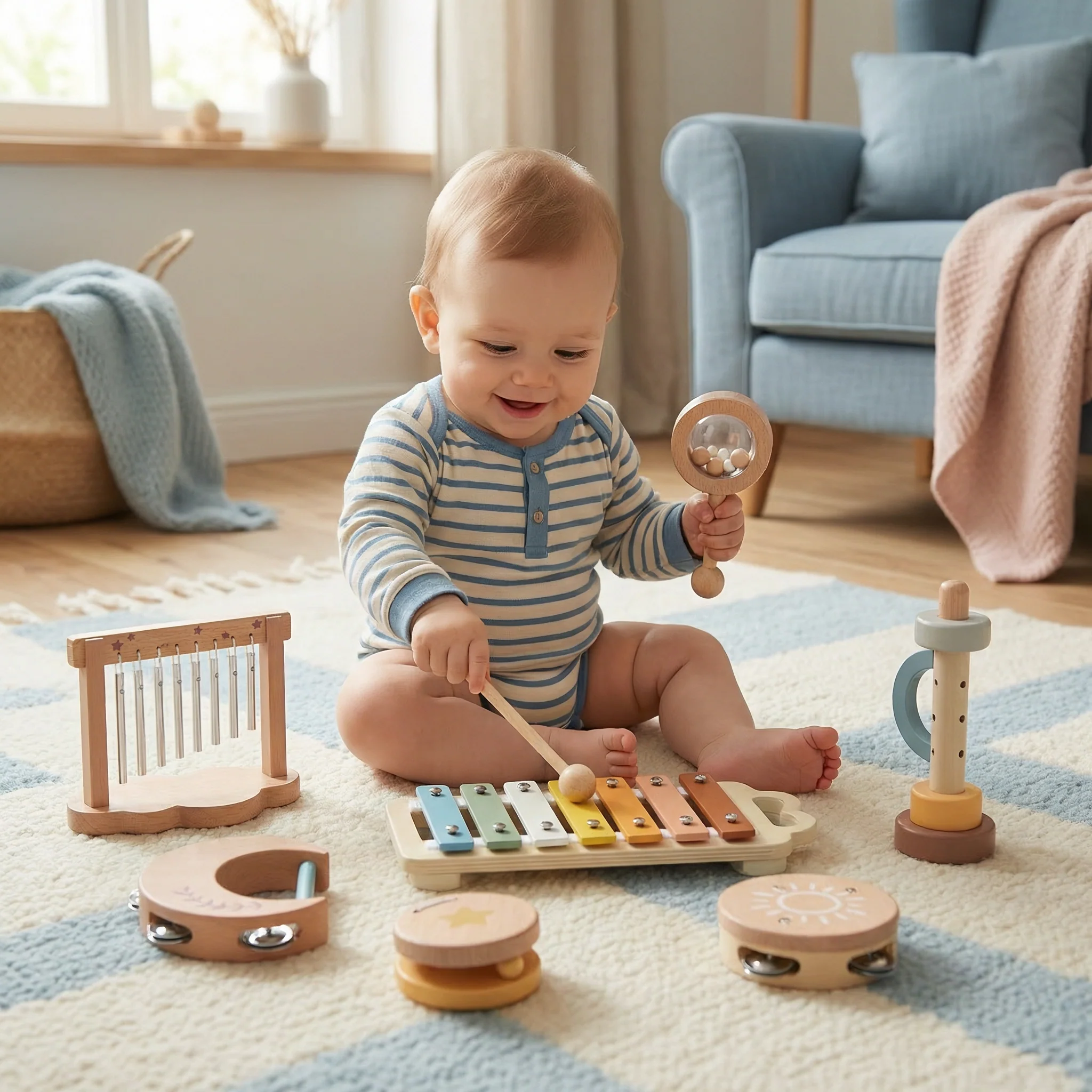 Drewniany zestaw instrumentów dla niemowląt – 6-elementowa sensoryczna zabawka muzyczna i dźwiękowa - Image 6