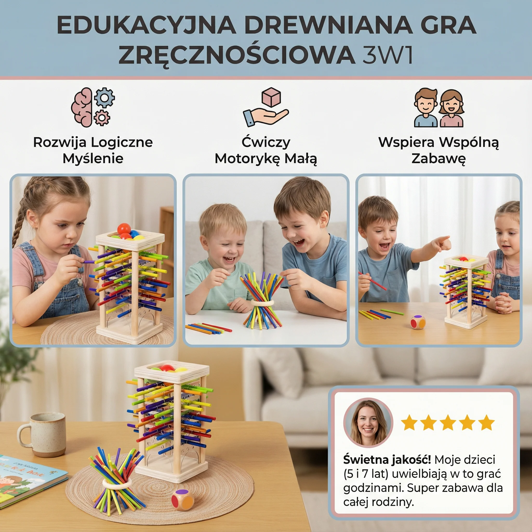 Edukacyjna drewniana gra zręcznościowa 3w1 z kulkami i patyczkami - Image 3