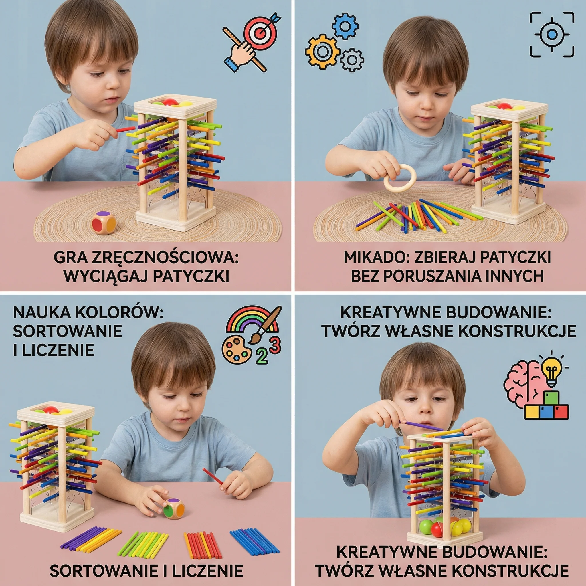 Edukacyjna drewniana gra zręcznościowa 3w1 z kulkami i patyczkami - Image 4