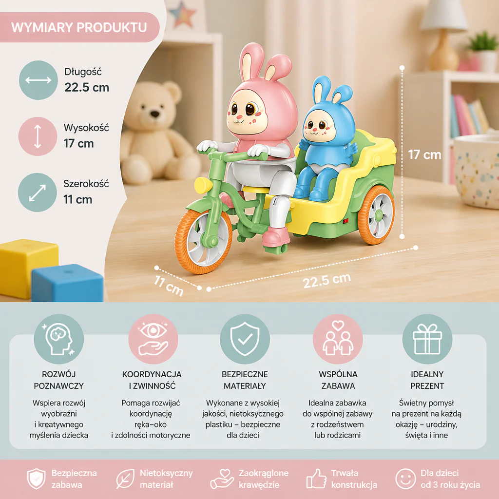 Elektryczny Trójkołowiec Zwierzęcy – Interaktywna Zabawka Jeździk z Muzyką i Światłem dla Dzieci - Image 6