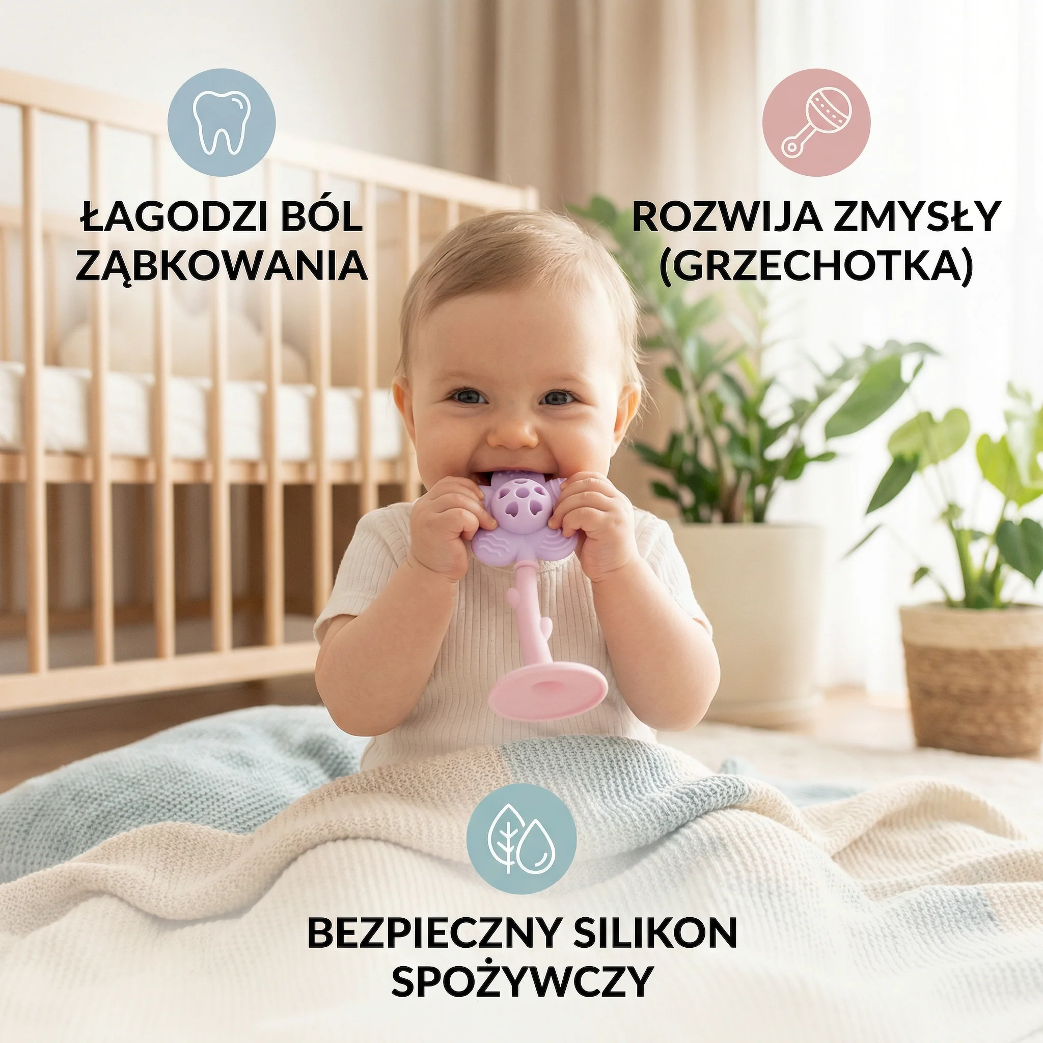 Gryzak w kształcie kwiatu z grzechotką – delikatna zabawka na ząbkowanie z silikonu spożywczego - Image 2