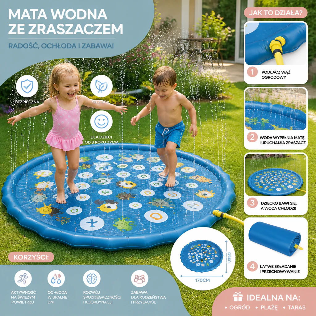 Inflatowalna Mata Wodna dla Dzieci z Zraszaczem – Zewnętrzna Mata do Zabawy Wodnej do Ogrodu i na Plażę - Image 2