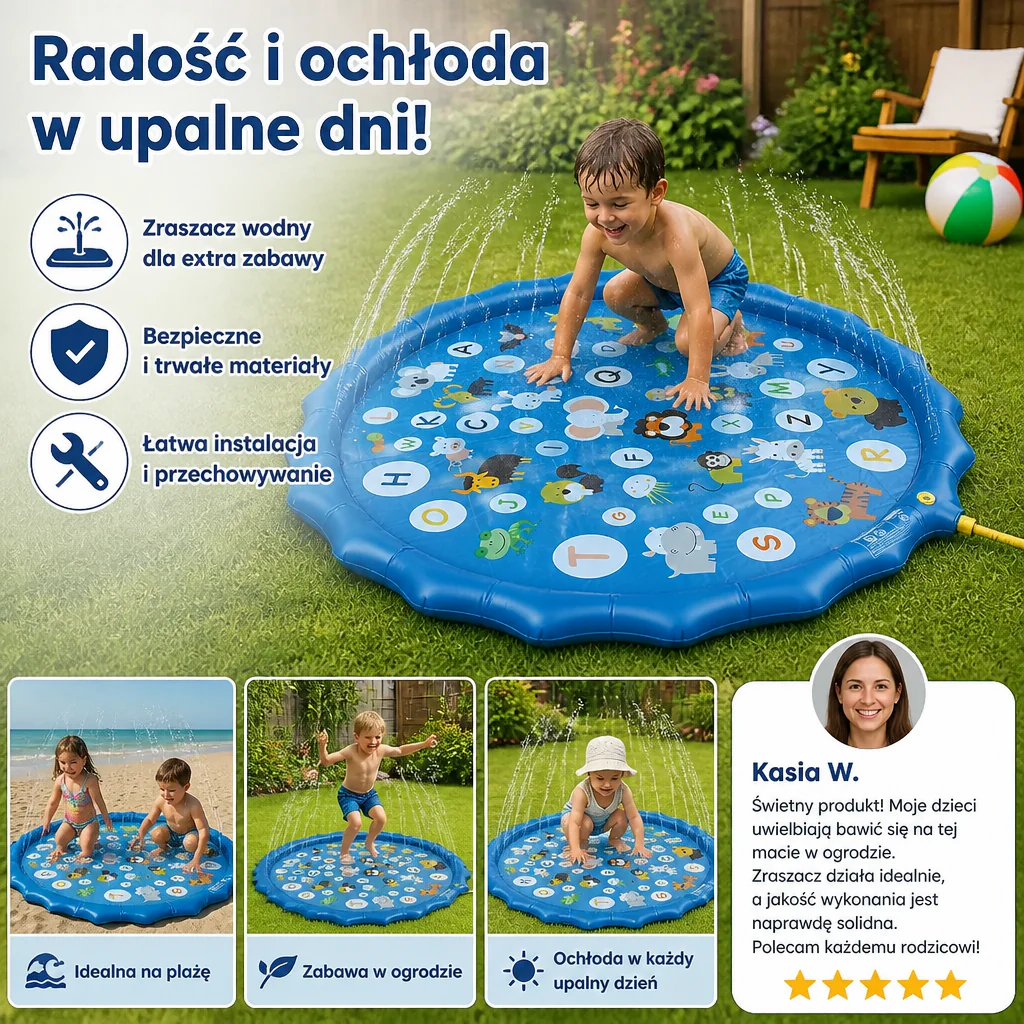 Inflatowalna Mata Wodna dla Dzieci z Zraszaczem – Zewnętrzna Mata do Zabawy Wodnej do Ogrodu i na Plażę - Image 3