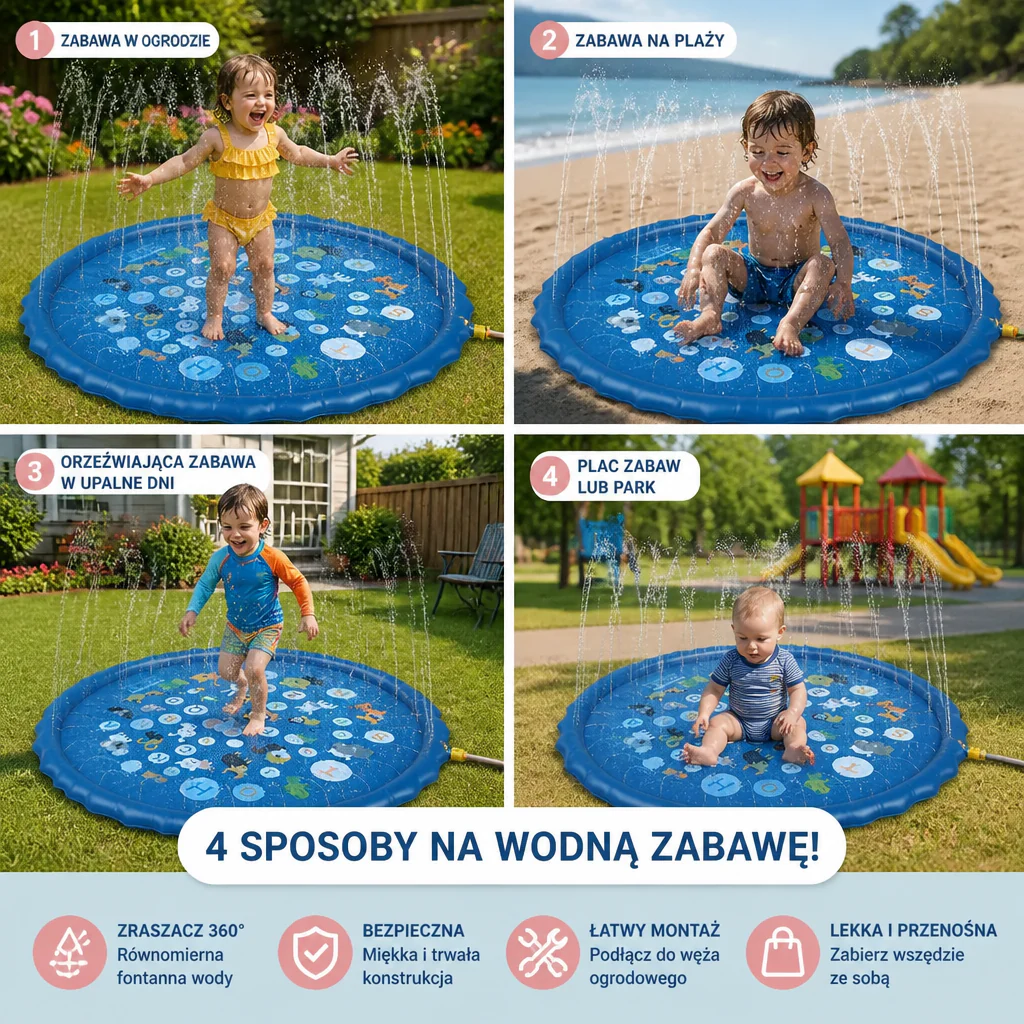 Inflatowalna Mata Wodna dla Dzieci z Zraszaczem – Zewnętrzna Mata do Zabawy Wodnej do Ogrodu i na Plażę - Image 4