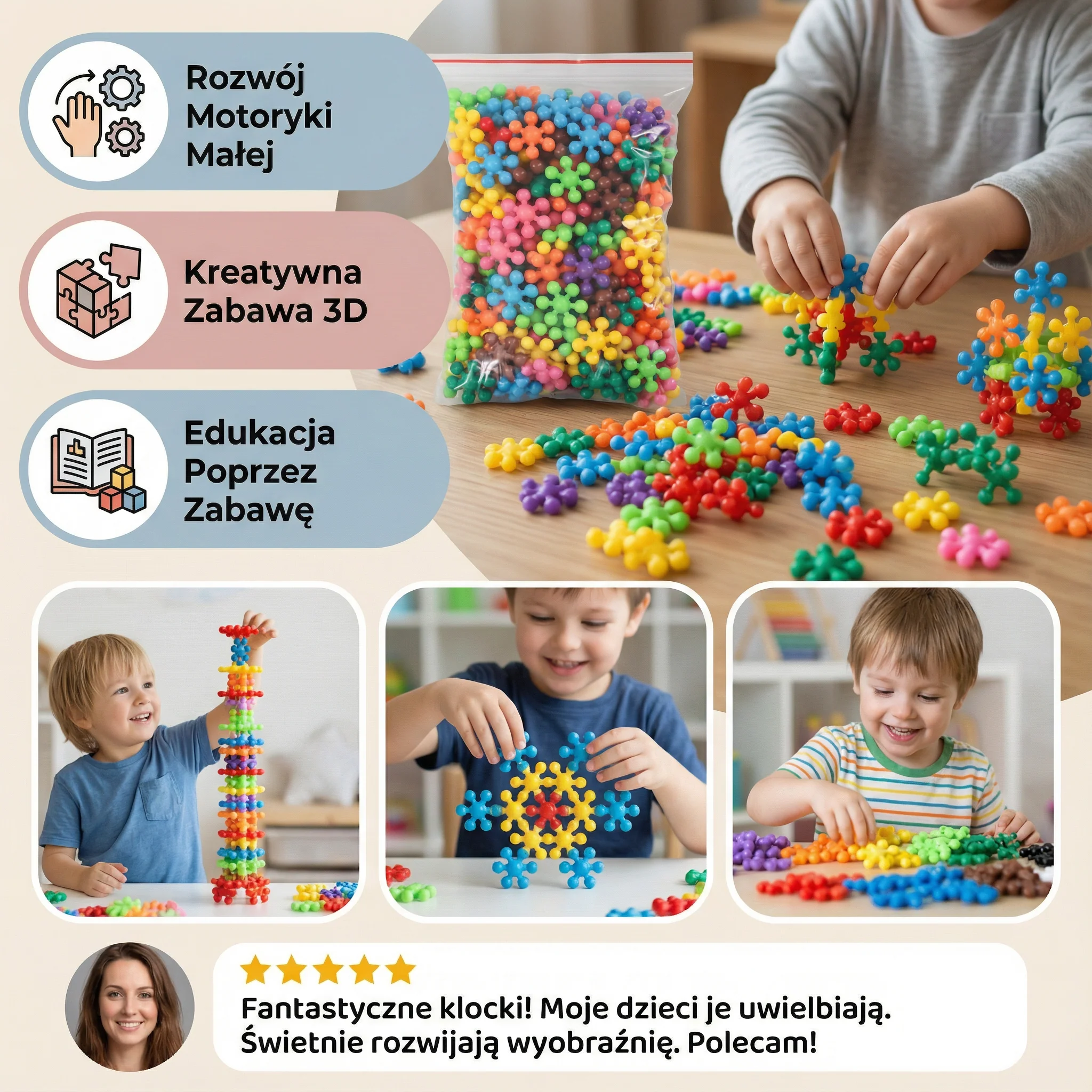 Klocki konstrukcyjne w kształcie płatka śniegu dla dzieci | Kreatywne puzzle 3D dla zabawy edukacyjnej i umiejętności motorycznych - Image 3