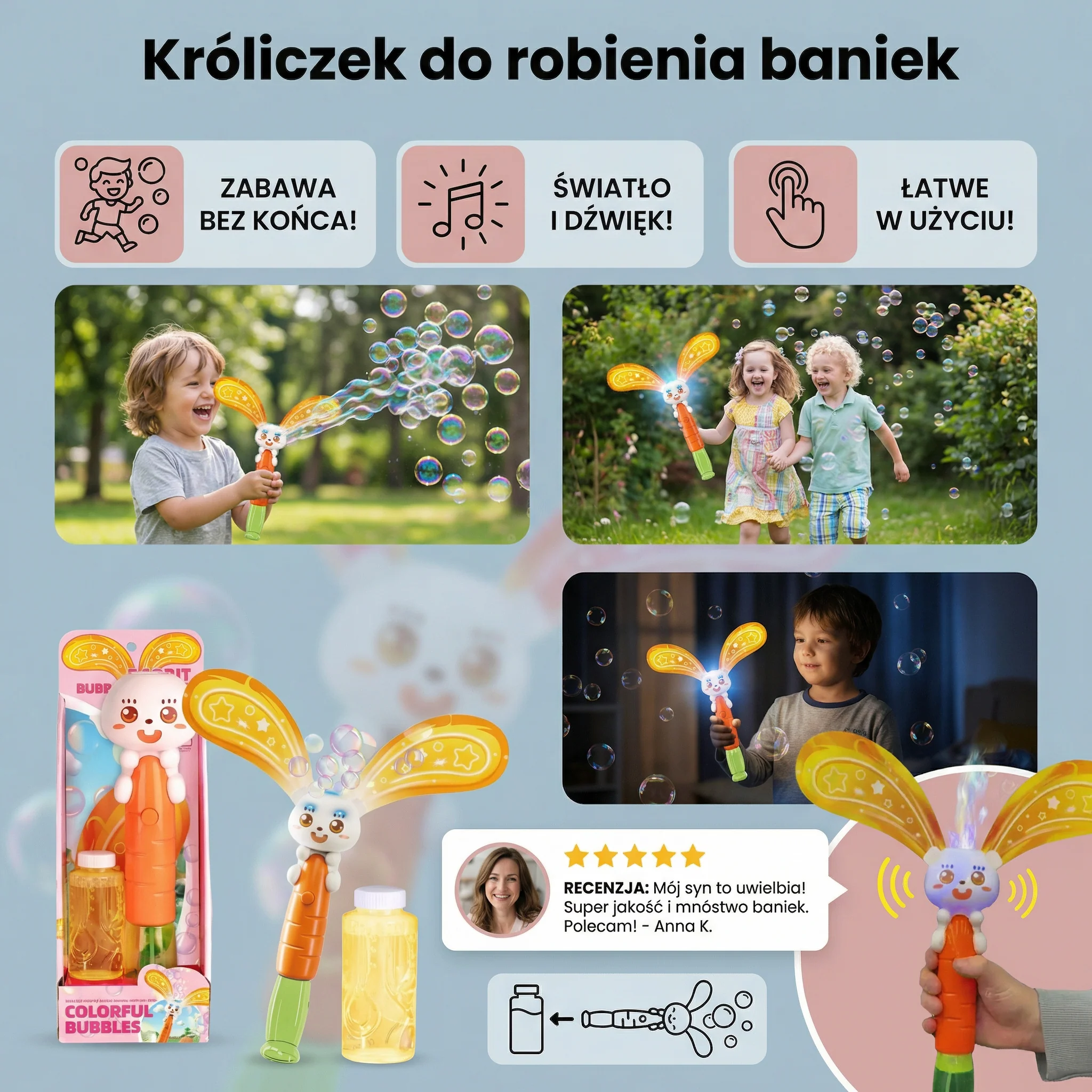 Króliczek do robienia baniek z skrzydełkami i światłem – dziecięcy bubble maker - Image 3
