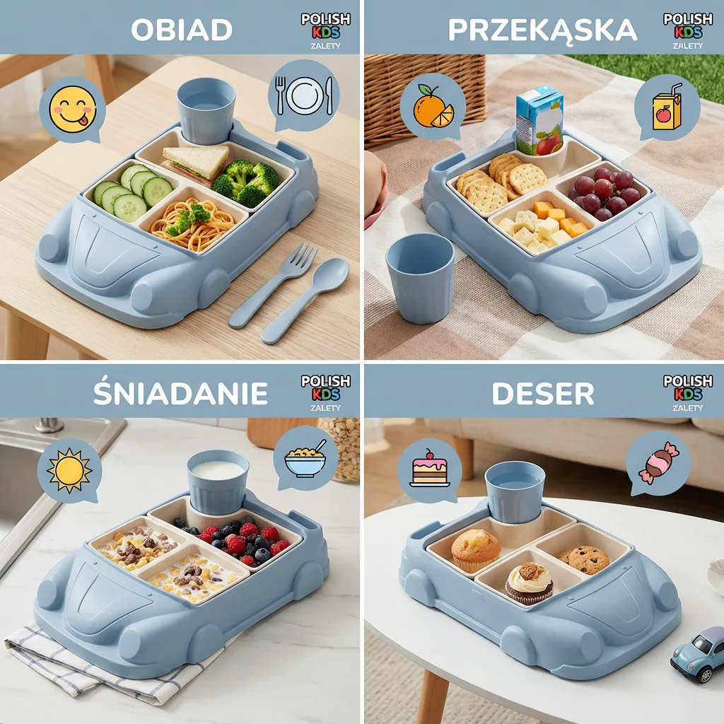 Lunchbox Bento w Kształcie Samochodu dla Dzieci – Zabawkowa Taca na Jedzenie z Przegródkami i Kubkiem - Image 4