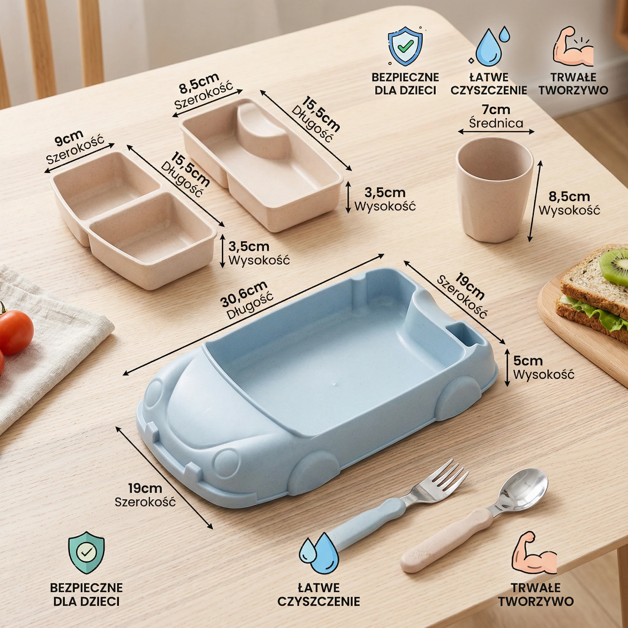 Lunchbox Bento w Kształcie Samochodu dla Dzieci – Zabawkowa Taca na Jedzenie z Przegródkami i Kubkiem - Image 5