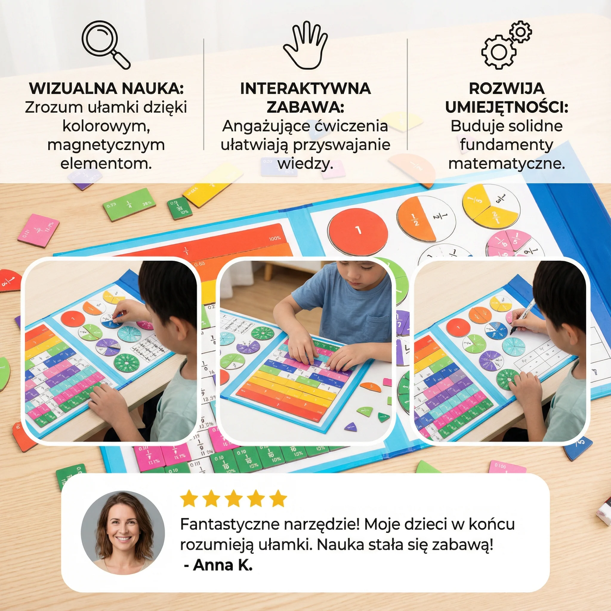 Magnetyczna tablica do nauki ułamków dla dzieci | Kolorowe narzędzie matematyczne do zrozumienia ułamków i działań - Image 3