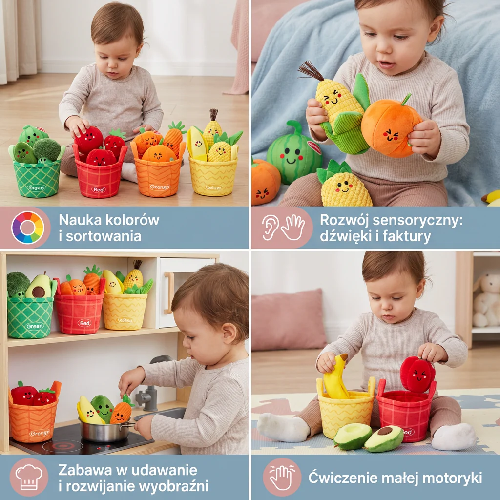 Miękka zabawka edukacyjna owoce i warzywa dla niemowląt – 4-pak zestaw do sortowania kolorów z grzechotką i efektem szeleszczenia - Image 3