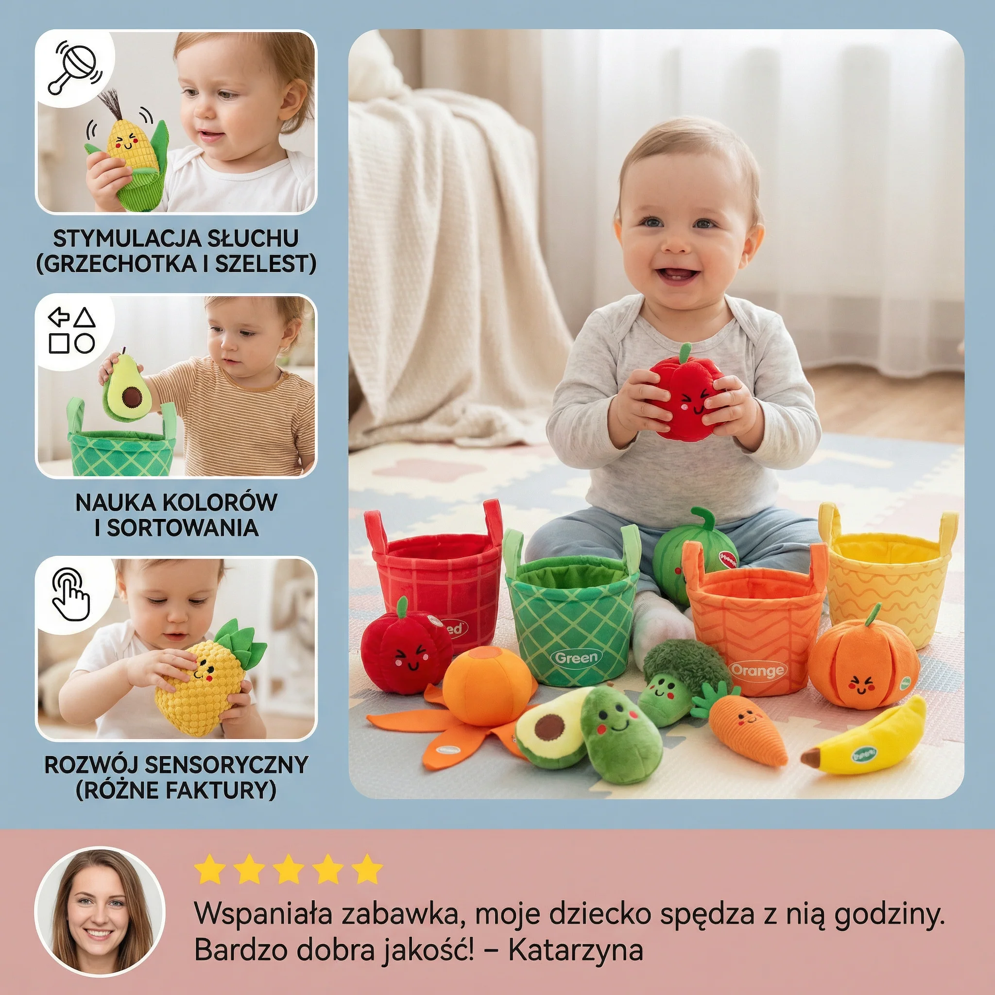 Miękka zabawka edukacyjna owoce i warzywa dla niemowląt – 4-pak zestaw do sortowania kolorów z grzechotką i efektem szeleszczenia - Image 5