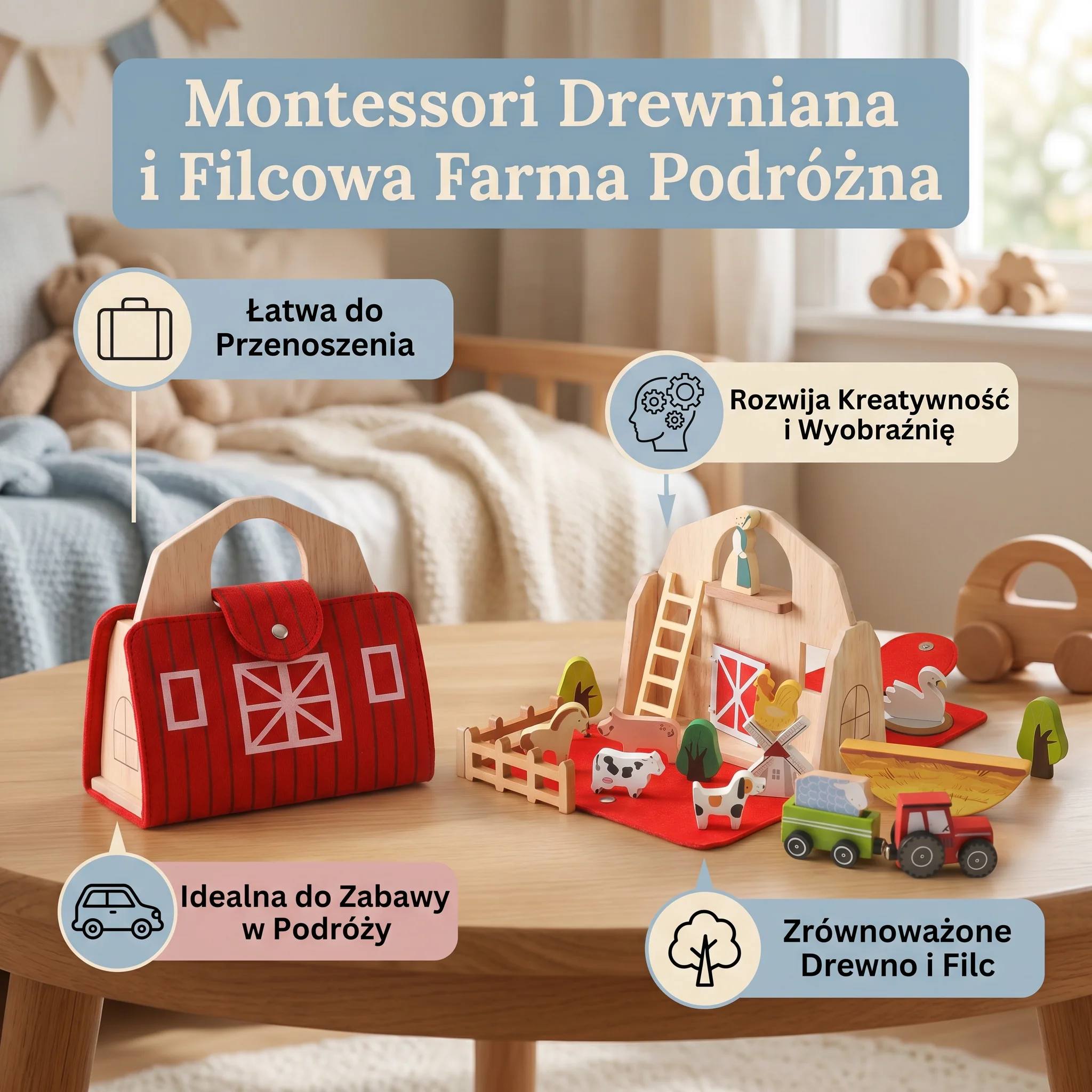 Montessori Drewniana i Filcowa Farma Podróżna – Idealna do Zabawy w Podróży - Image 2