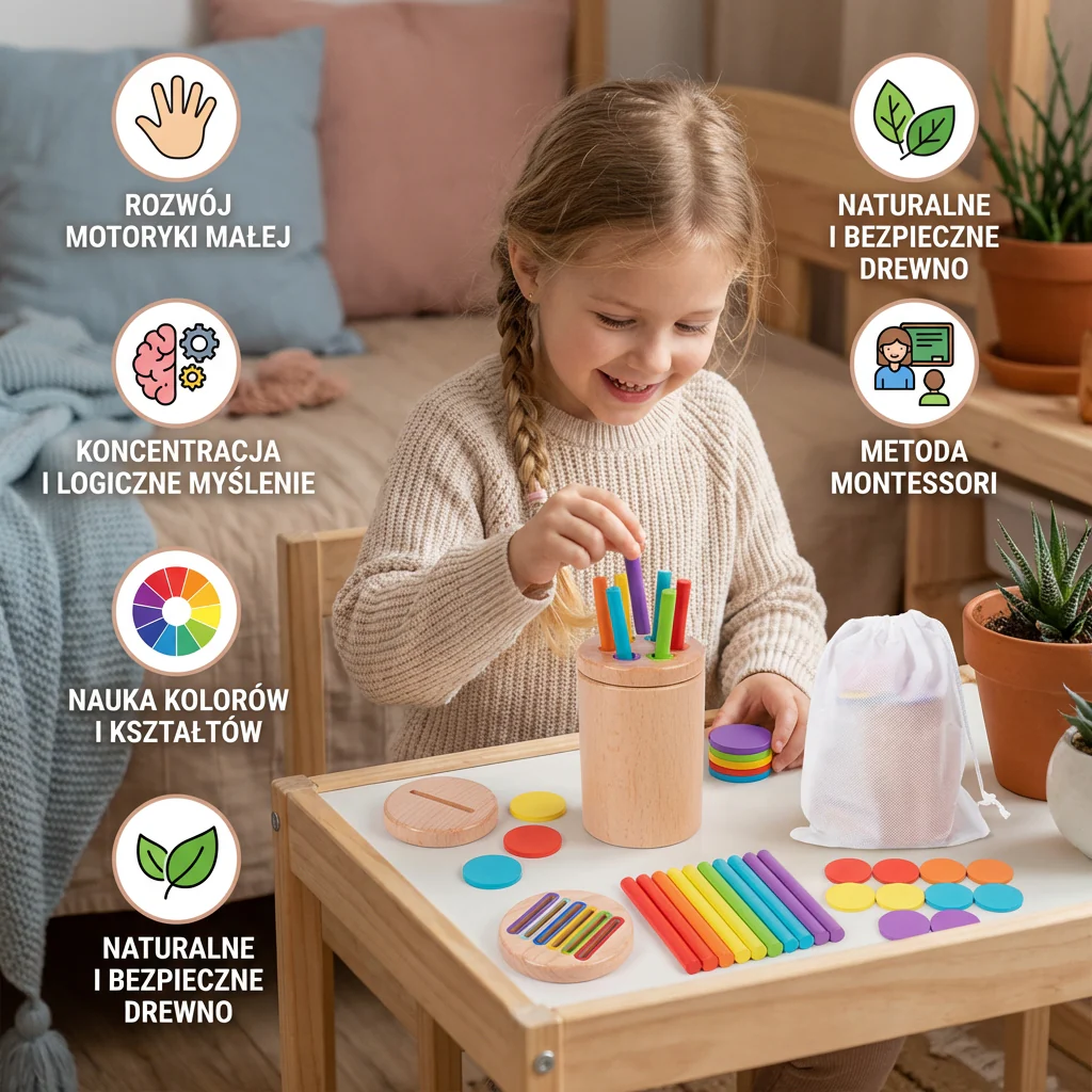 Montessori Drewniana Zabawka dla Dzieci – Gra Edukacyjna do Sortowania Kolorów i Kształtów - Image 3
