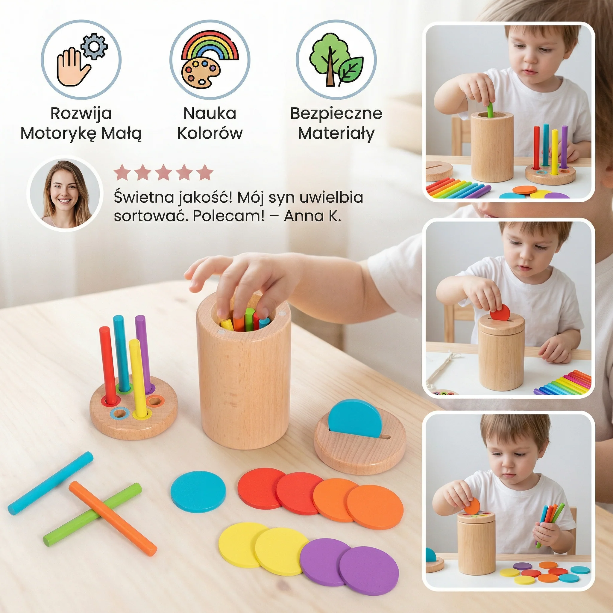 Montessori Drewniana Zabawka dla Dzieci – Gra Edukacyjna do Sortowania Kolorów i Kształtów - Image 5