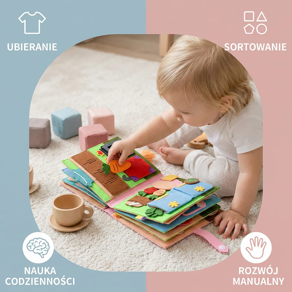 Montessori Filcowa Książka Busy dla Dzieci – Ubieranie, Sortowanie i Nauka Codziennych Umiejętności - Image 2