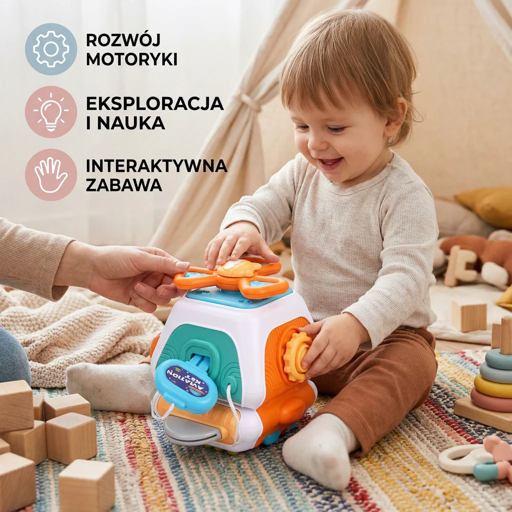 Montessori Kostka Aktywności 22-w-1 dla Maluchów – Zabawka do Rozwoju Motoryki i Odkrywania - Image 2