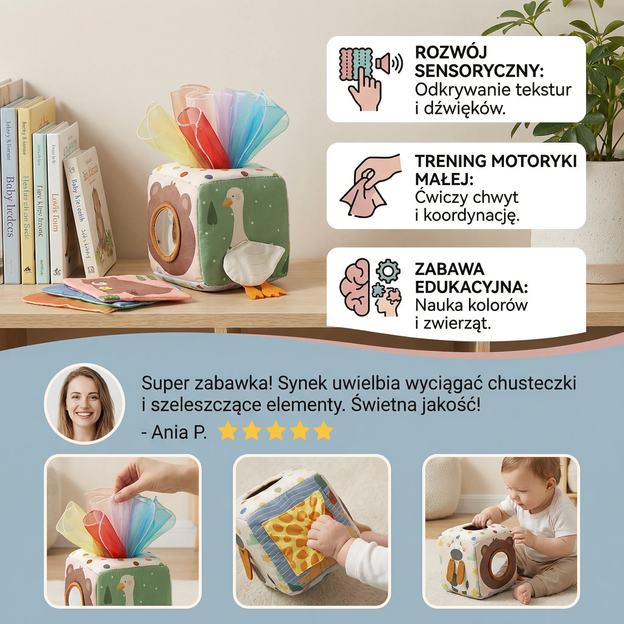 Montessori sensoryczne pudełko z chusteczkami dla niemowląt – miękka zabawka do szeleszczenia i odkrywania - Image 3