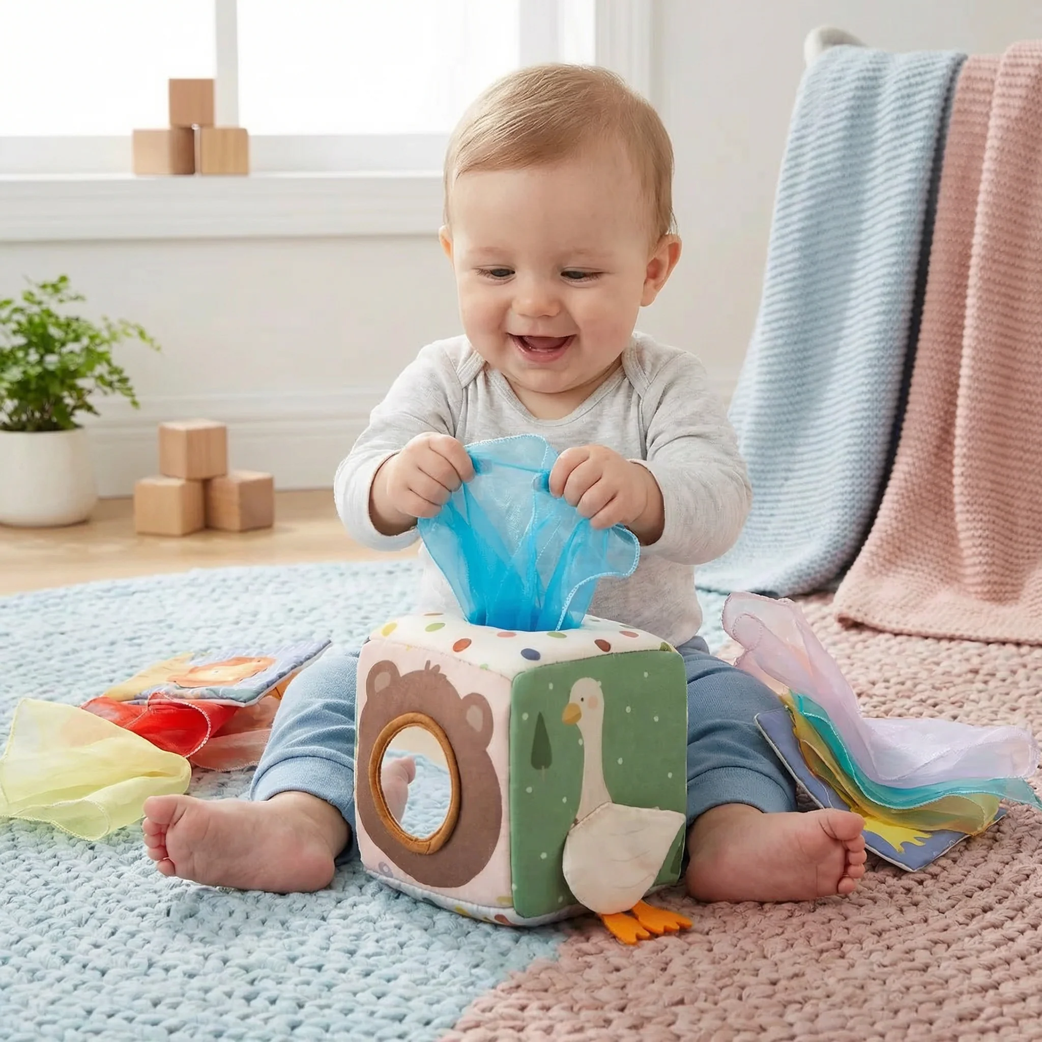 Montessori sensoryczne pudełko z chusteczkami dla niemowląt – miękka zabawka do szeleszczenia i odkrywania - Image 6