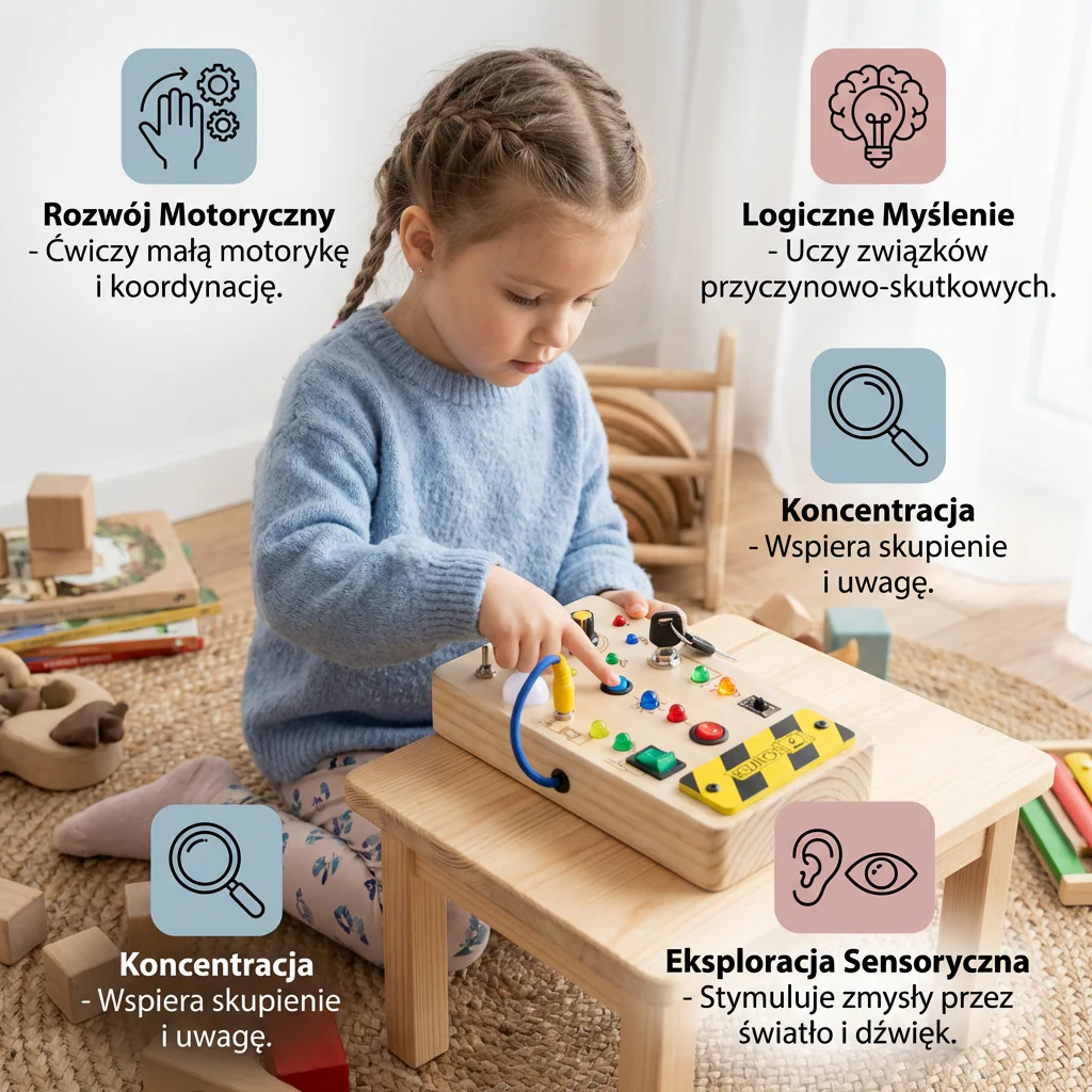 Montessori tablica sensoryczna z drewna z światłem i przełącznikami – zabawka rozwijająca motorykę dla dzieci - Image 3
