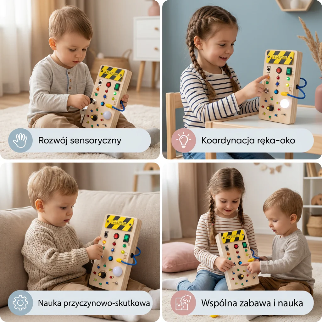 Montessori tablica sensoryczna z drewna z światłem i przełącznikami – zabawka rozwijająca motorykę dla dzieci - Image 4