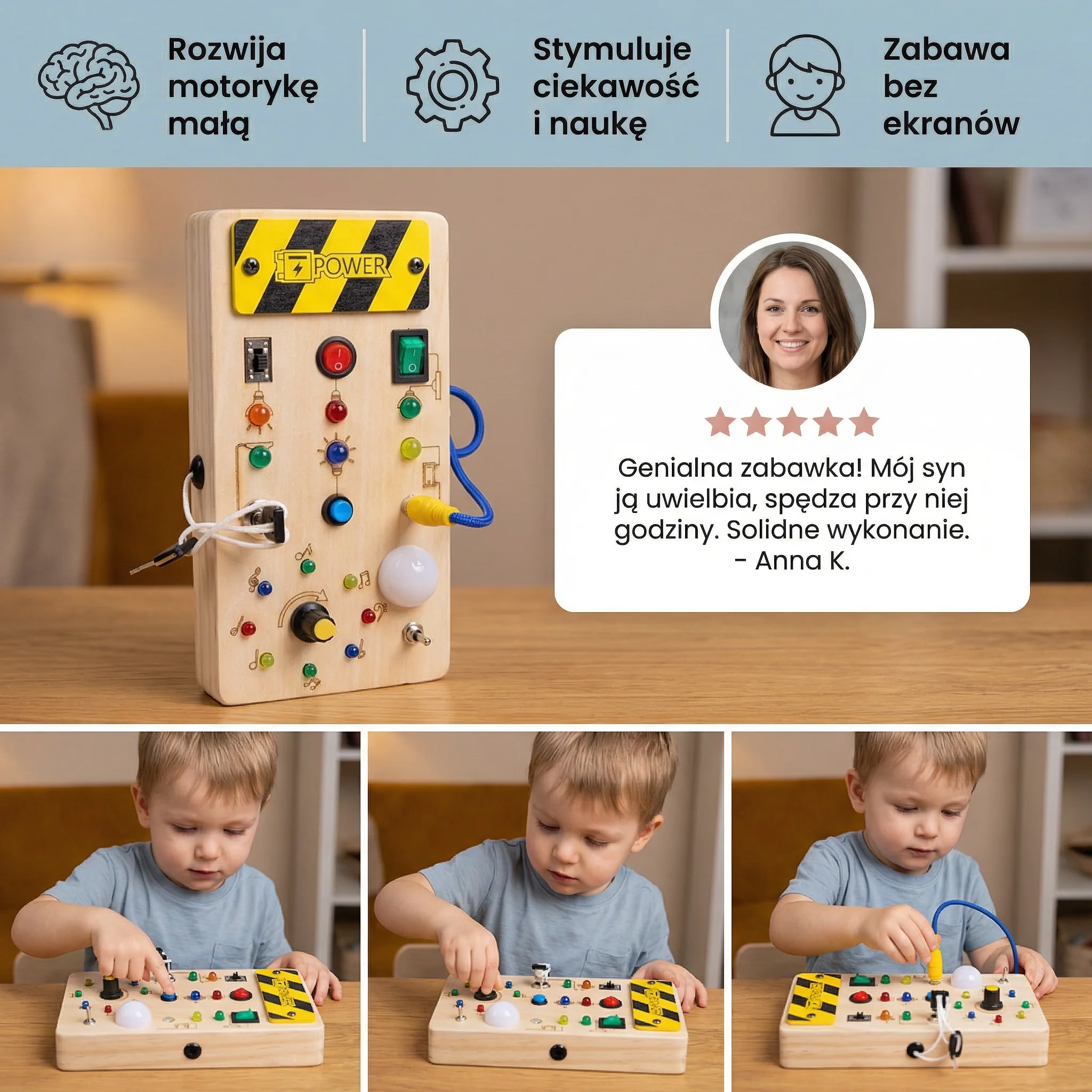 Montessori tablica sensoryczna z drewna z światłem i przełącznikami – zabawka rozwijająca motorykę dla dzieci - Image 5