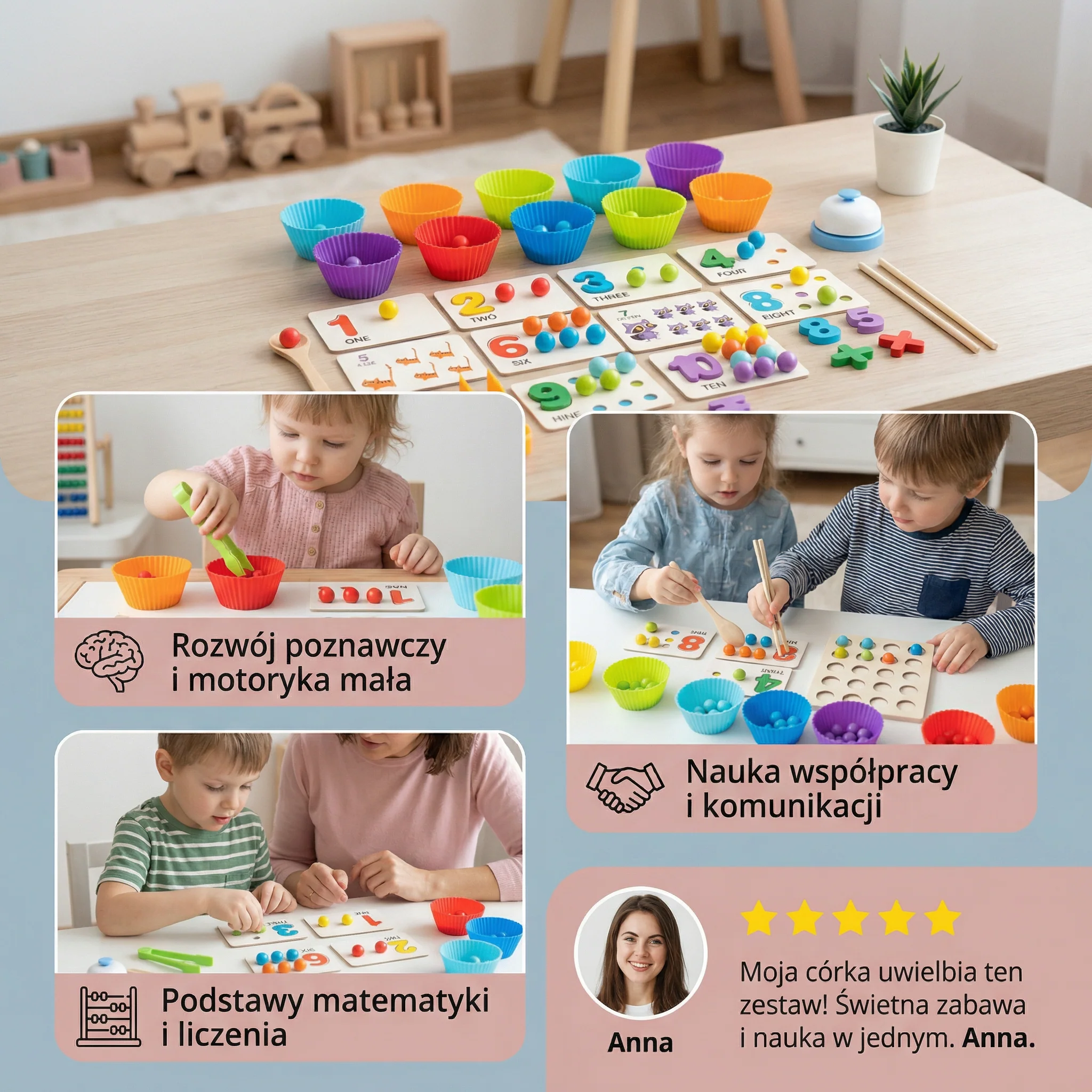 Montessori – zestaw kul do sortowania według liczb i kolorów do nauki liczenia - Image 3