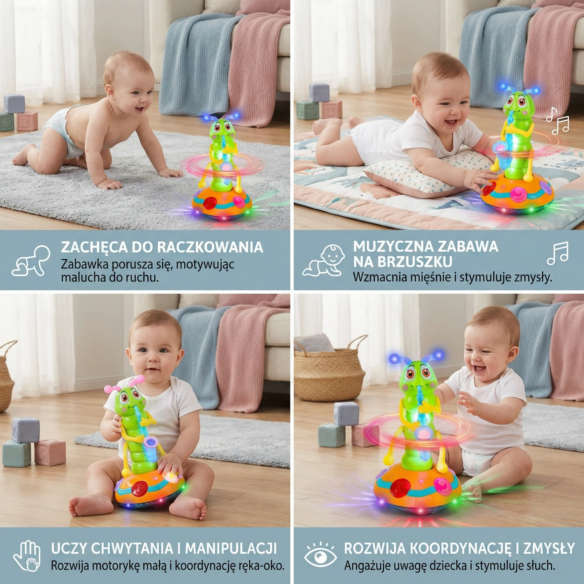 Muzyczna zabawka do raczkowania dla niemowląt | Wirująca gąsienica ze światłami i dźwiękiem do wczesnej nauki i zabawy w ruchu - Image 4