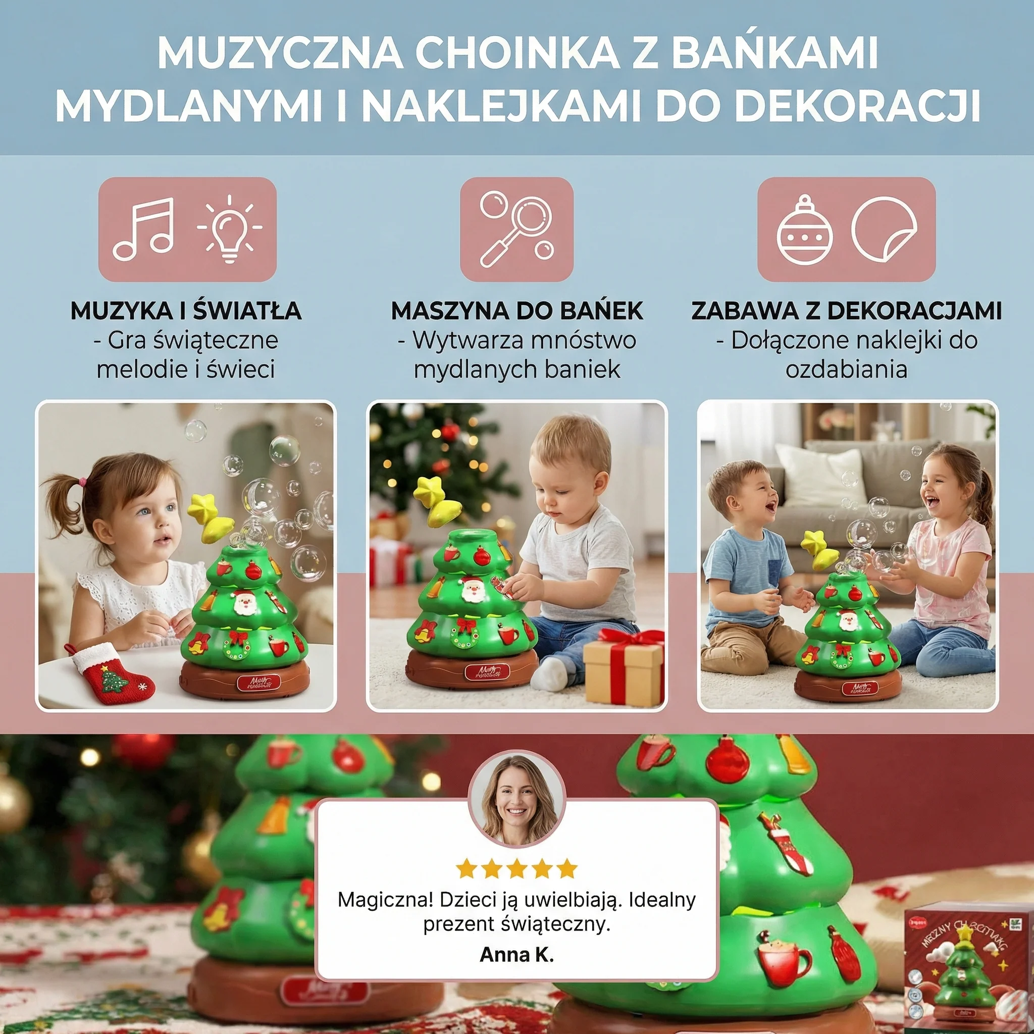 Muzyczna choinka z bańkami mydlanymi i naklejkami do dekoracji - Image 3