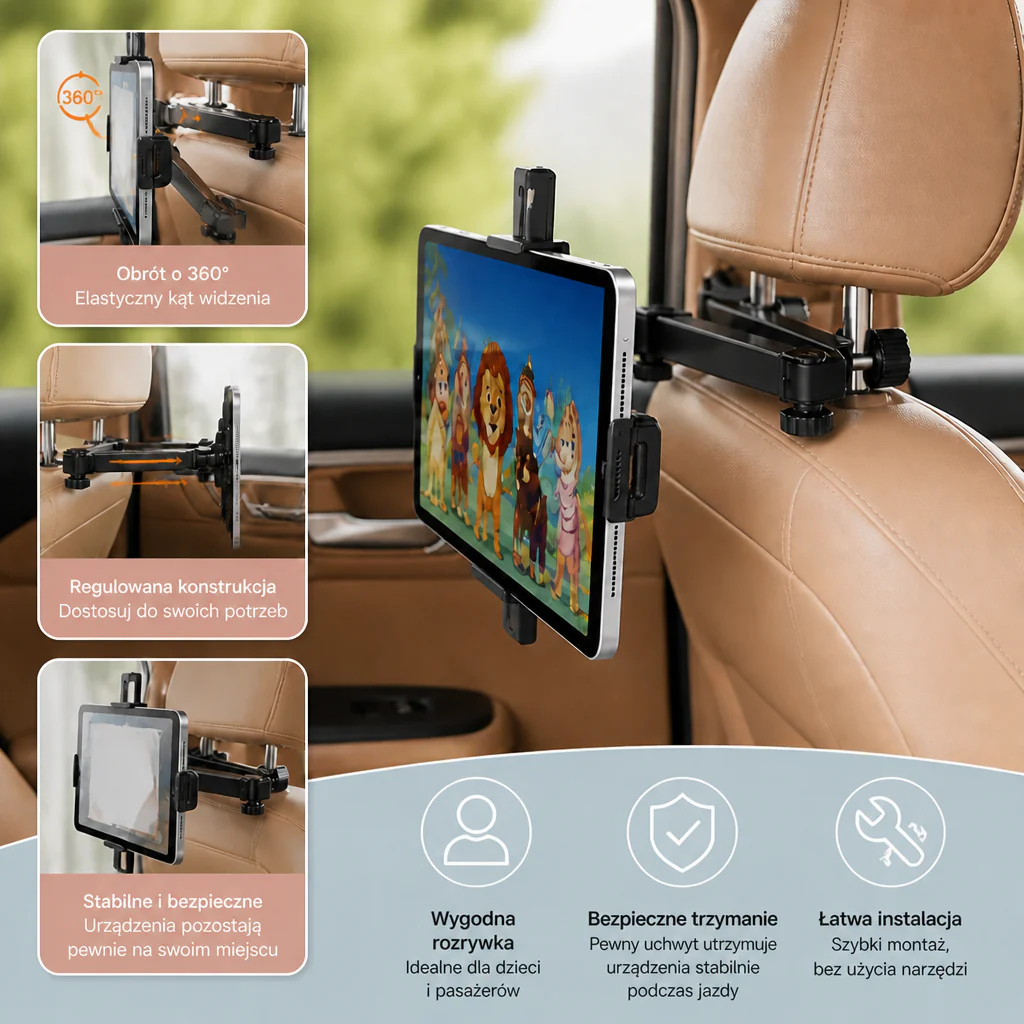 Obrotowy o 360° uchwyt na tablet do zagłówka samochodowego – Uchwyt na tablet na tylne siedzenie - Image 3