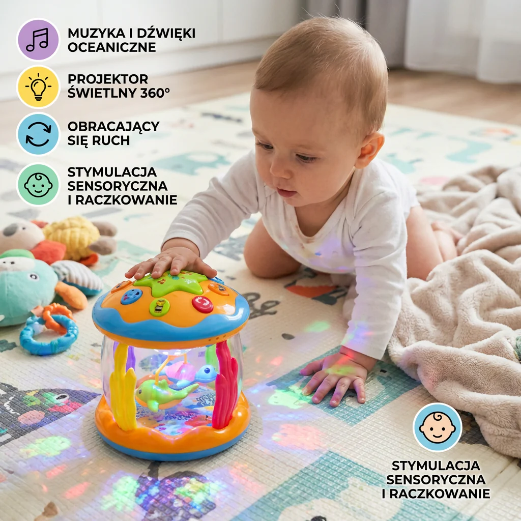 Ocean Light & Music Baby Toy – Obrotowa Zabawka Sensoryczna dla Niemowląt – Idealna do Brzuszkowania i Raczkowania - Image 2