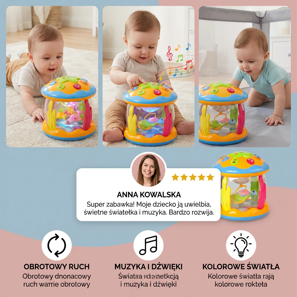 Ocean Light & Music Baby Toy – Obrotowa Zabawka Sensoryczna dla Niemowląt – Idealna do Brzuszkowania i Raczkowania - Image 3