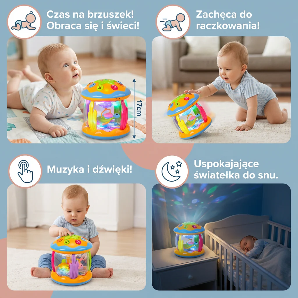 Ocean Light & Music Baby Toy – Obrotowa Zabawka Sensoryczna dla Niemowląt – Idealna do Brzuszkowania i Raczkowania - Image 4